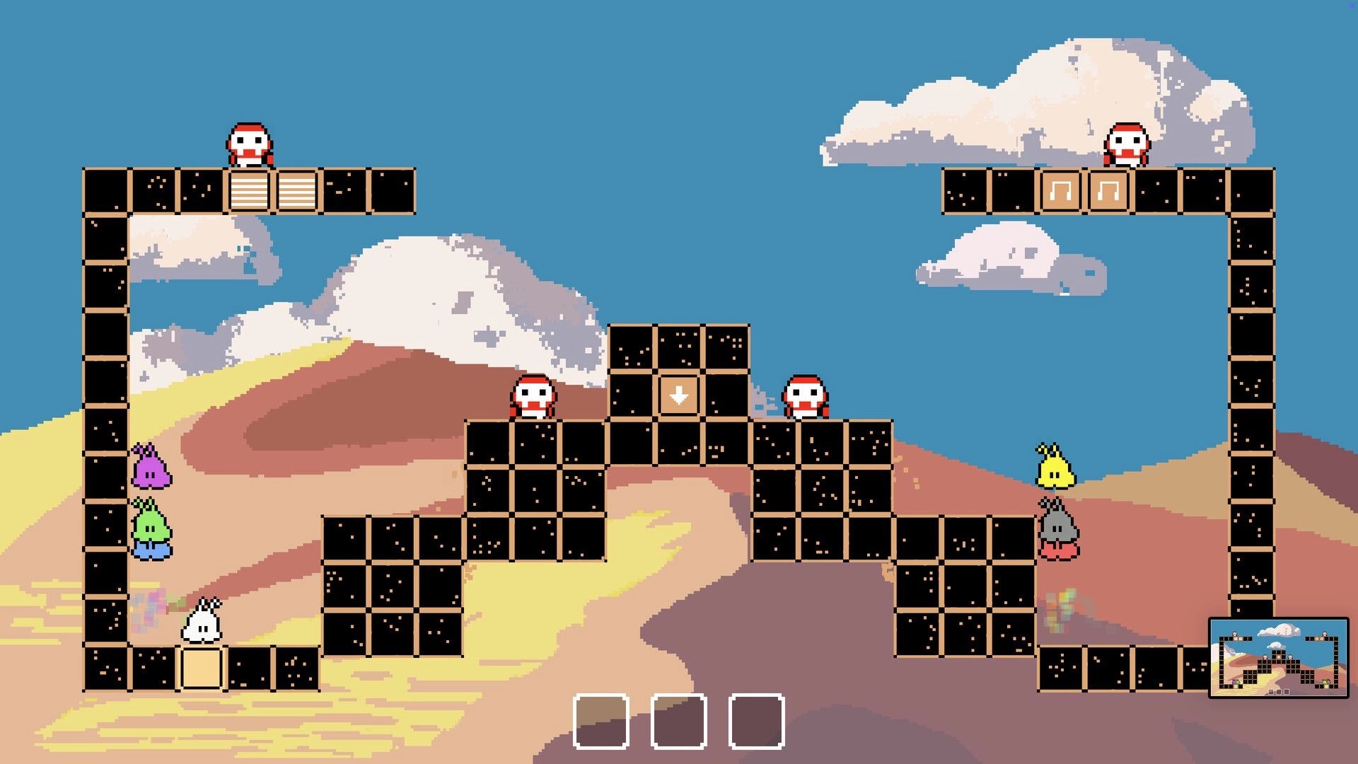 PiPu Party: Colorful characters navigate blocky desert with clouds, using backpack slots to solve puzzles
