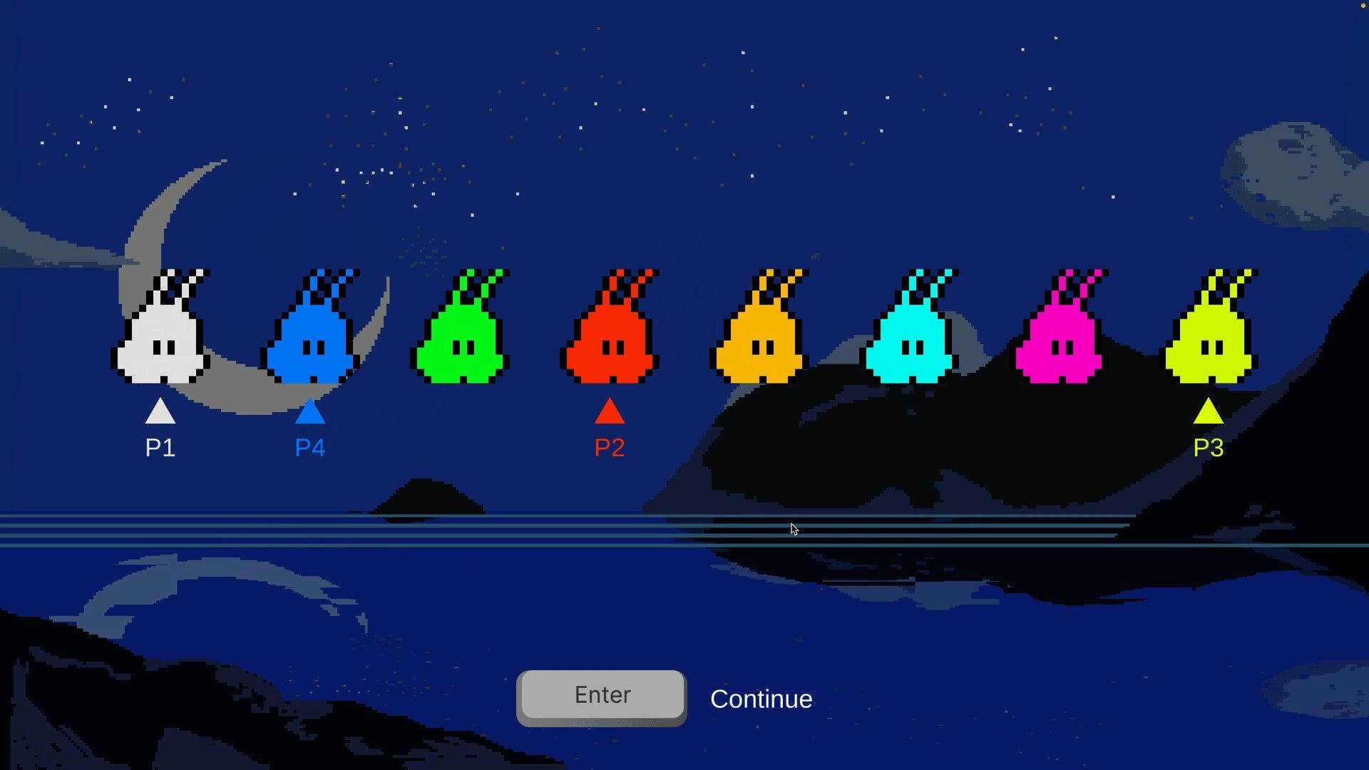PiPu Party: Six colorful characters on a night sky backdrop with player indicators and continue option