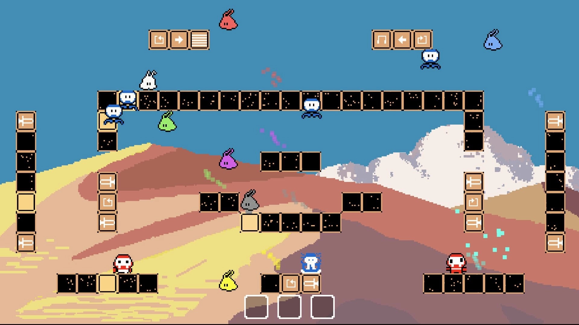 PiPu Party: Colorful characters navigate block platforms with symbol slots in a desert canyon setting
