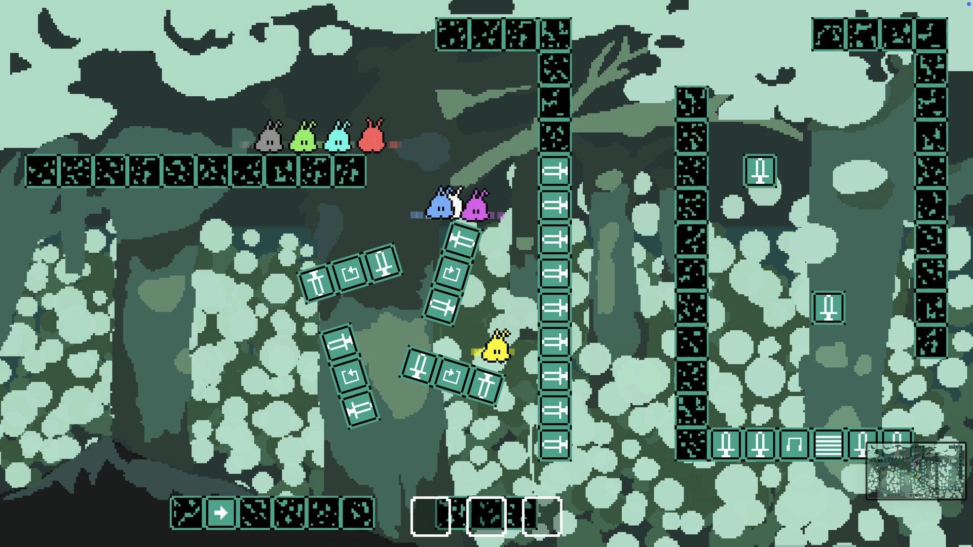PiPu Party: Colorful characters navigate a block puzzle platform in a pixelated forest environment