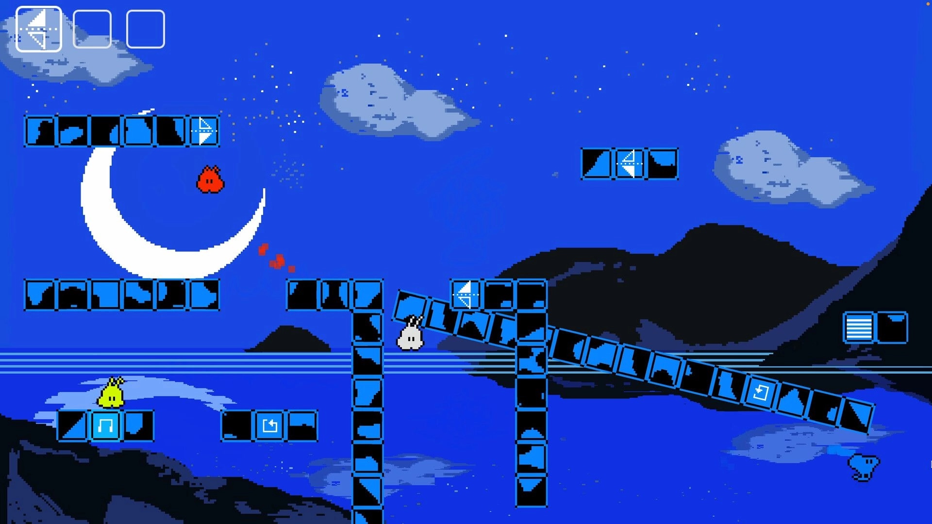 PiPu Party: Characters navigate moonlit platform puzzle with symbol blocks and shared inventory UI.