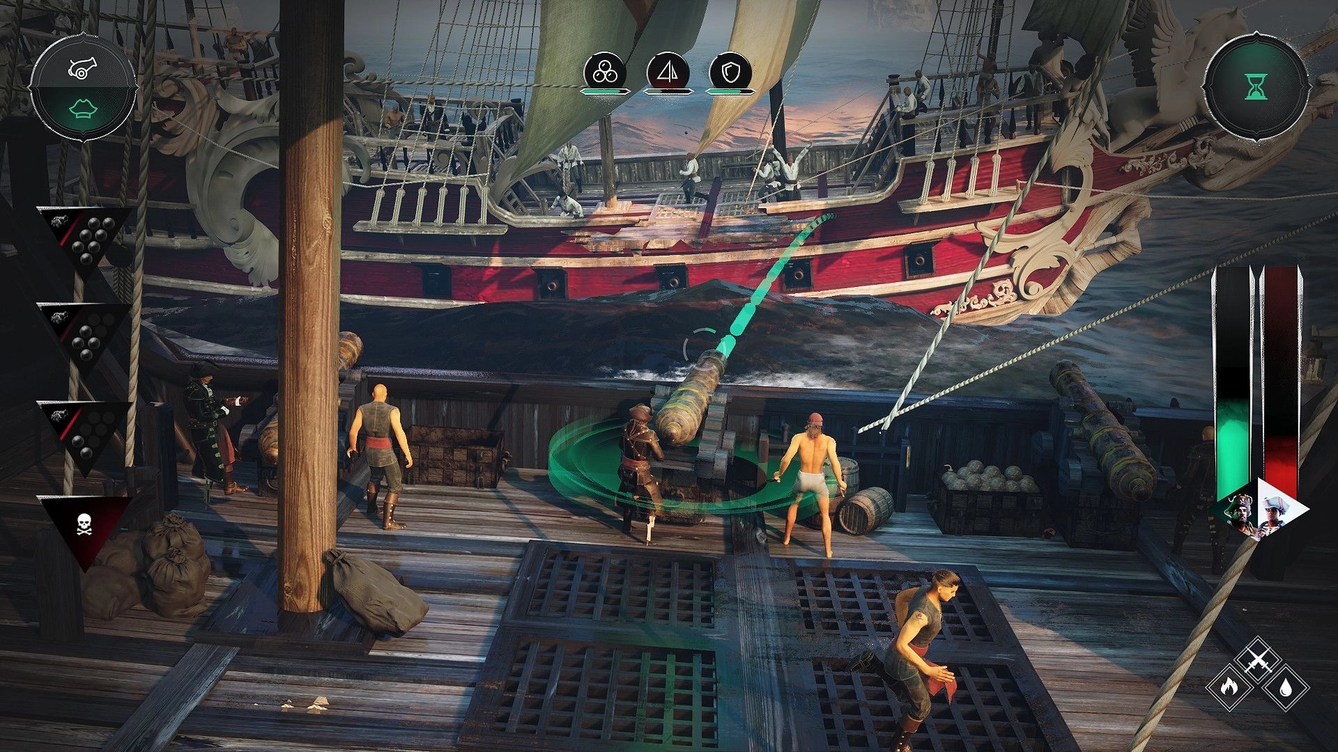 Pirate Commander: Crew preparing to fire cannons at enemy ship on high seas with tactical UI elements
