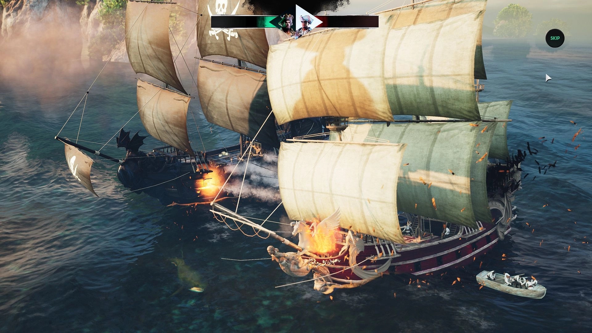 Pirate Commander: Naval battle with two ships exchanging cannon fire near a rocky island coast
