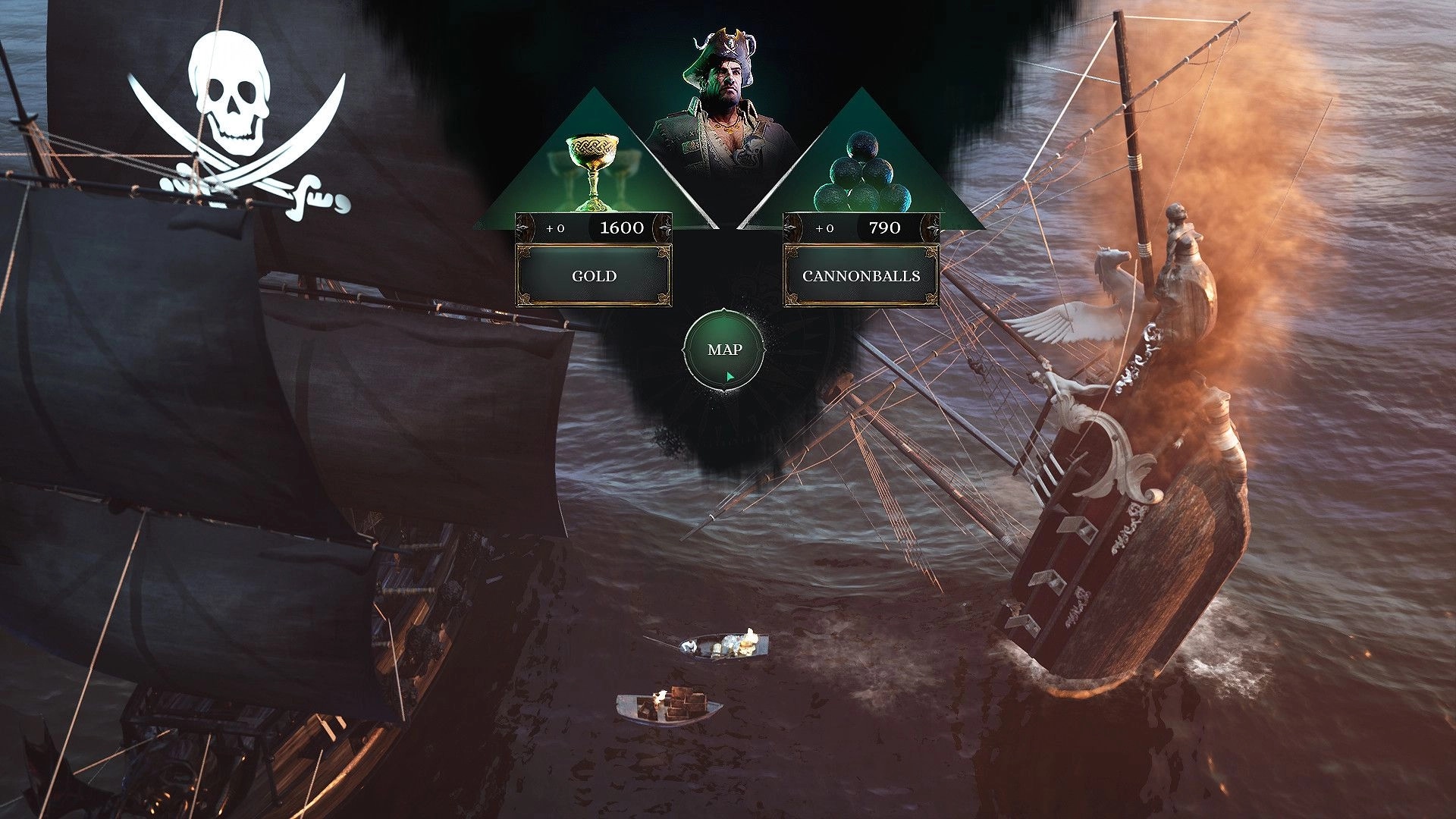 Pirate Commander: Ship in combat with sinking enemy vessel, resource UI showing gold and cannonballs