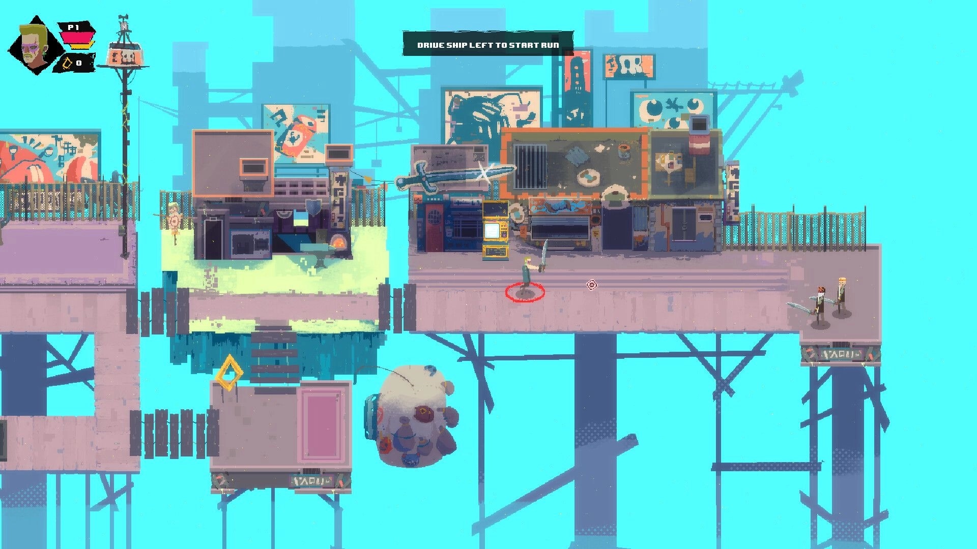 Pirates of Pandama: Player stands on dock by shops, prompt to drive ship left, skyport platforms.