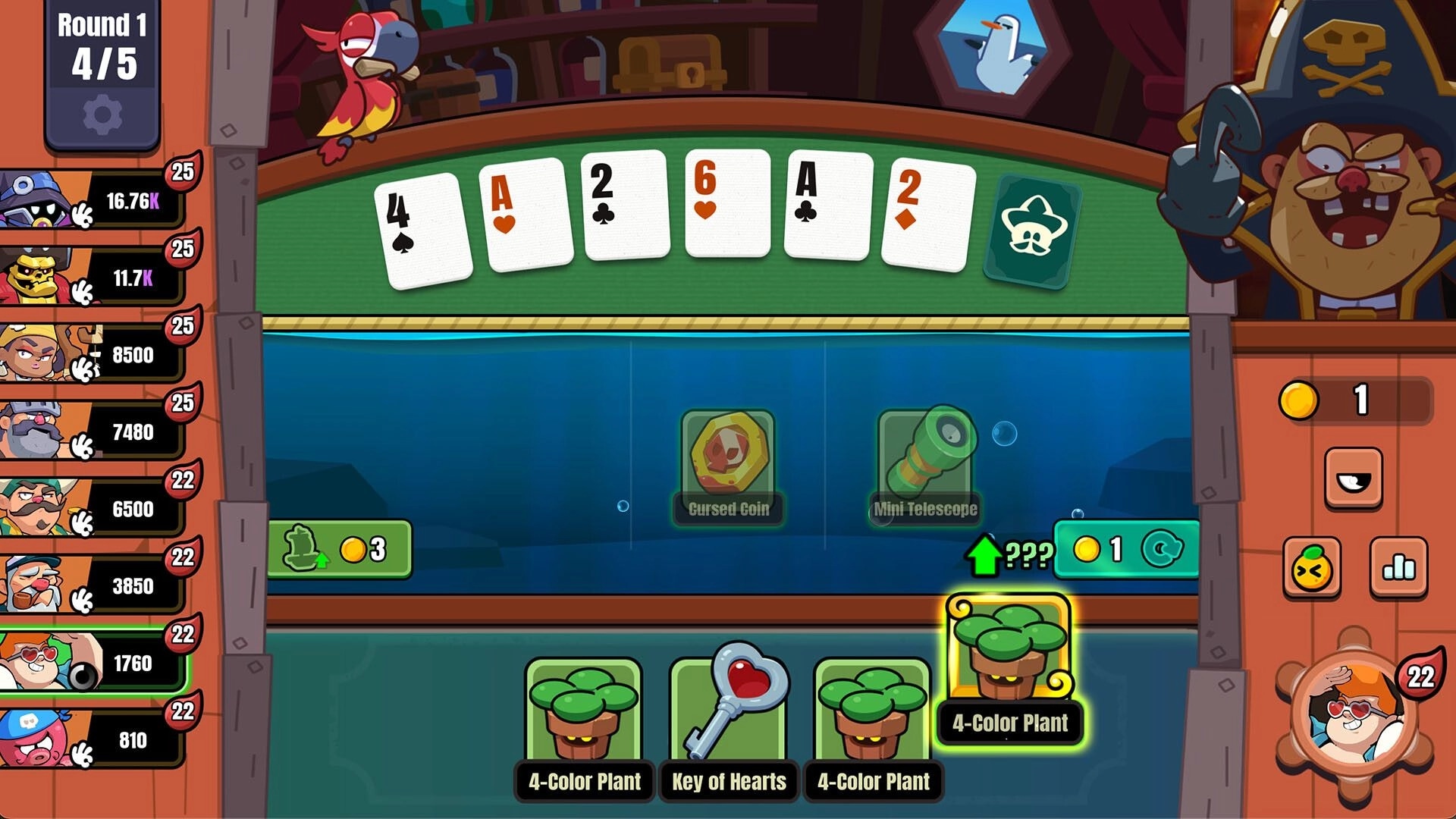 Piroker: Pirate poker round with six cards dealt and relic shop choices on a ship cabin UI.