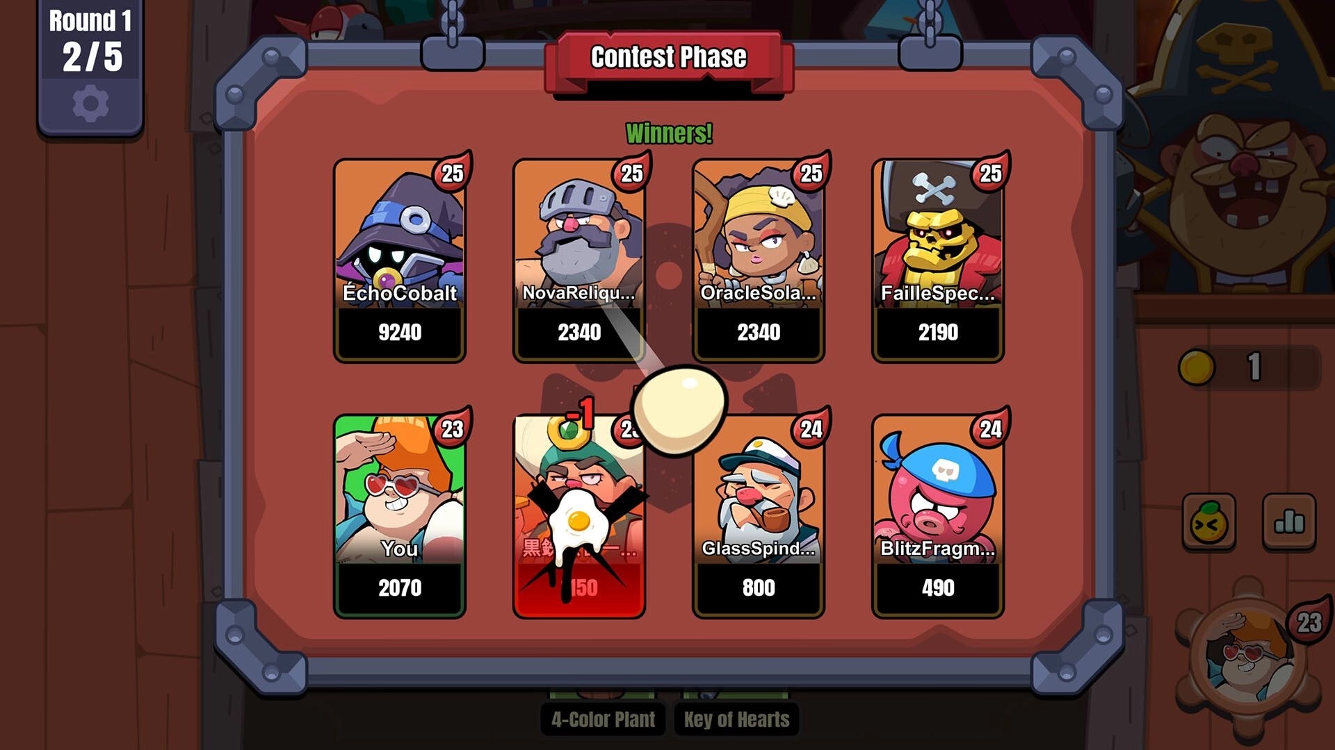 Piroker: Contest Phase winners board with player cards, levels, and scores on a pirate tavern UI.