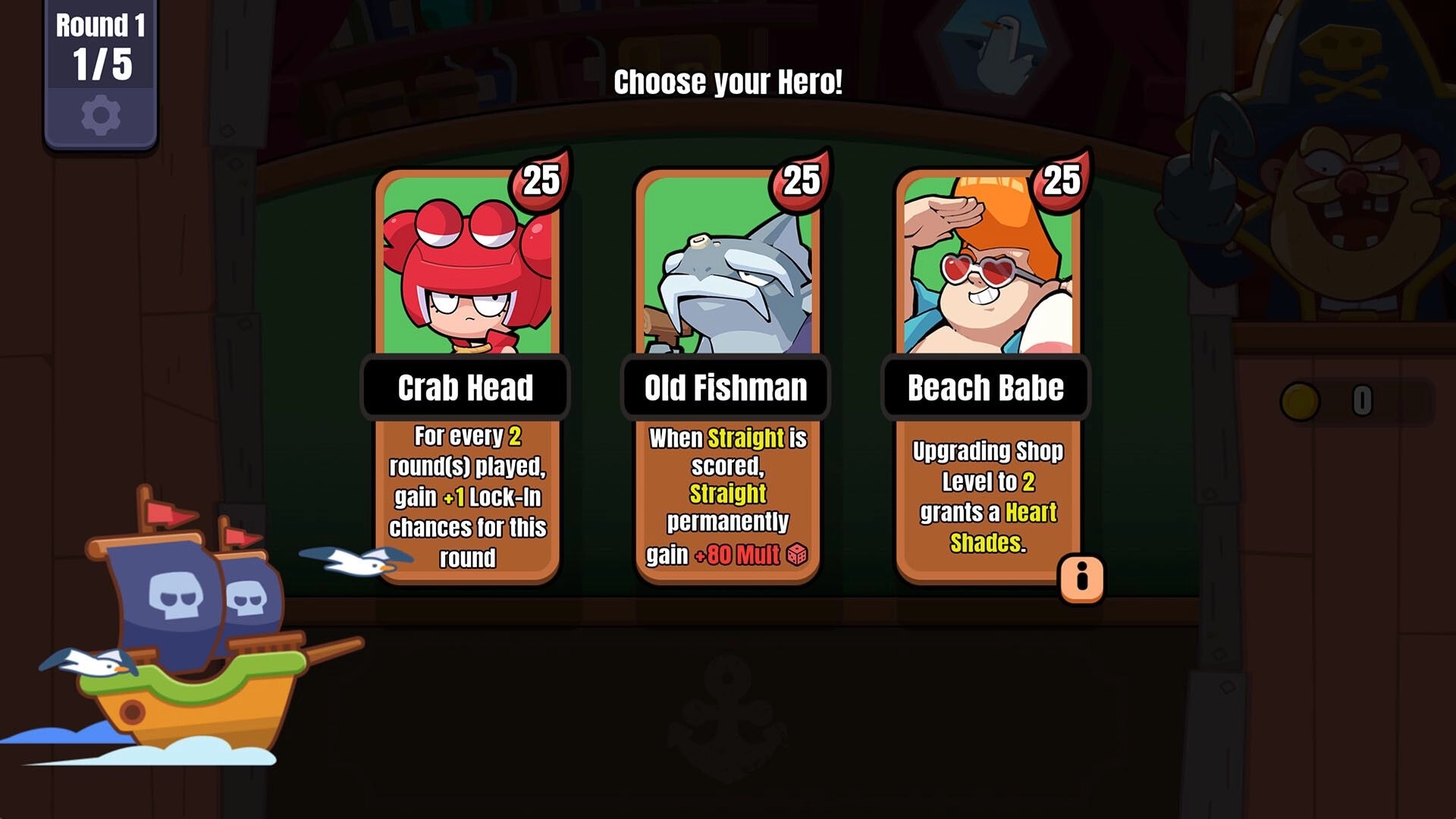 Piroker: Choose your Hero screen with Crab Head, Old Fishman, Beach Babe cards in Round 1 UI.