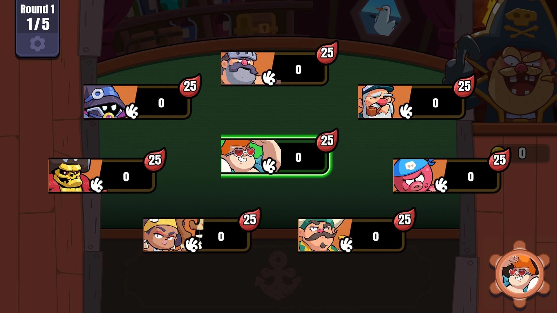 Piroker: Round 1 bracket UI with eight pirate avatars, each at 25 health, on ship deck backdrop.