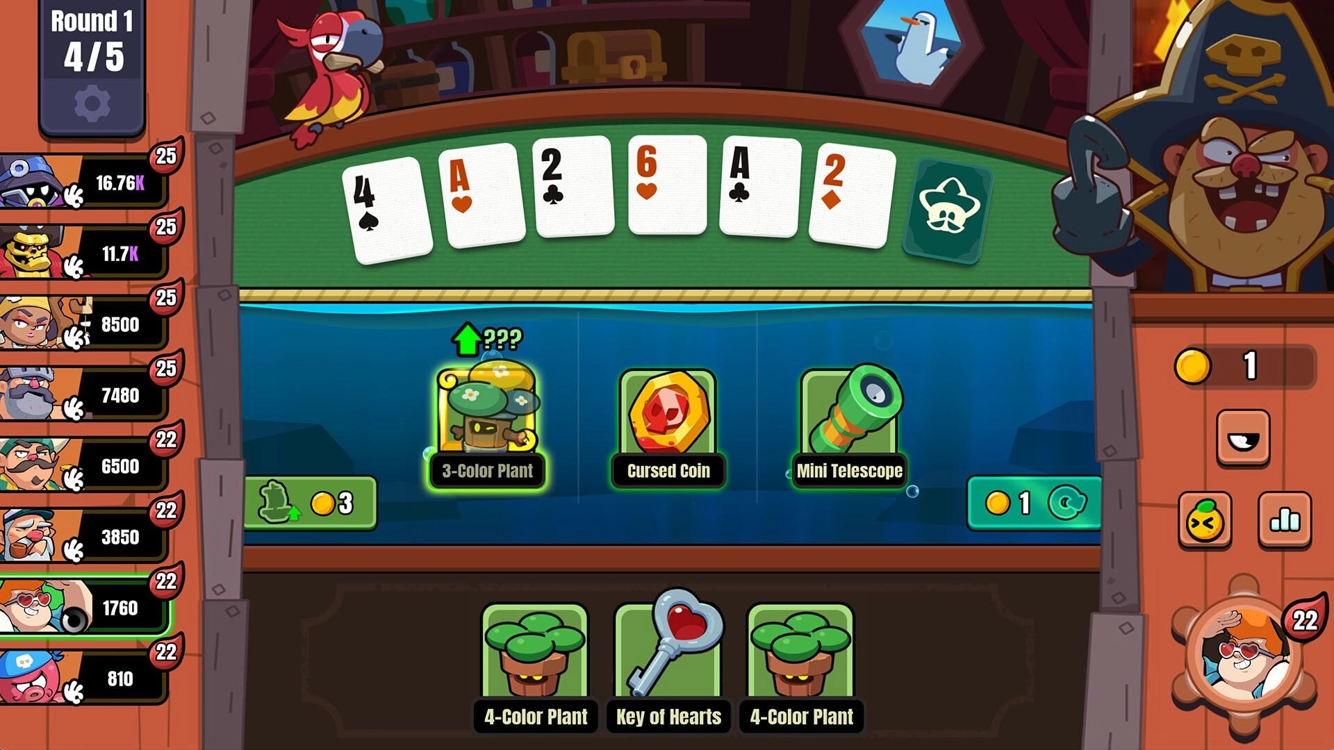 Piroker: Poker table UI with 4, A, 2, 6, A, 2 and shop relics in pirate tavern setting.