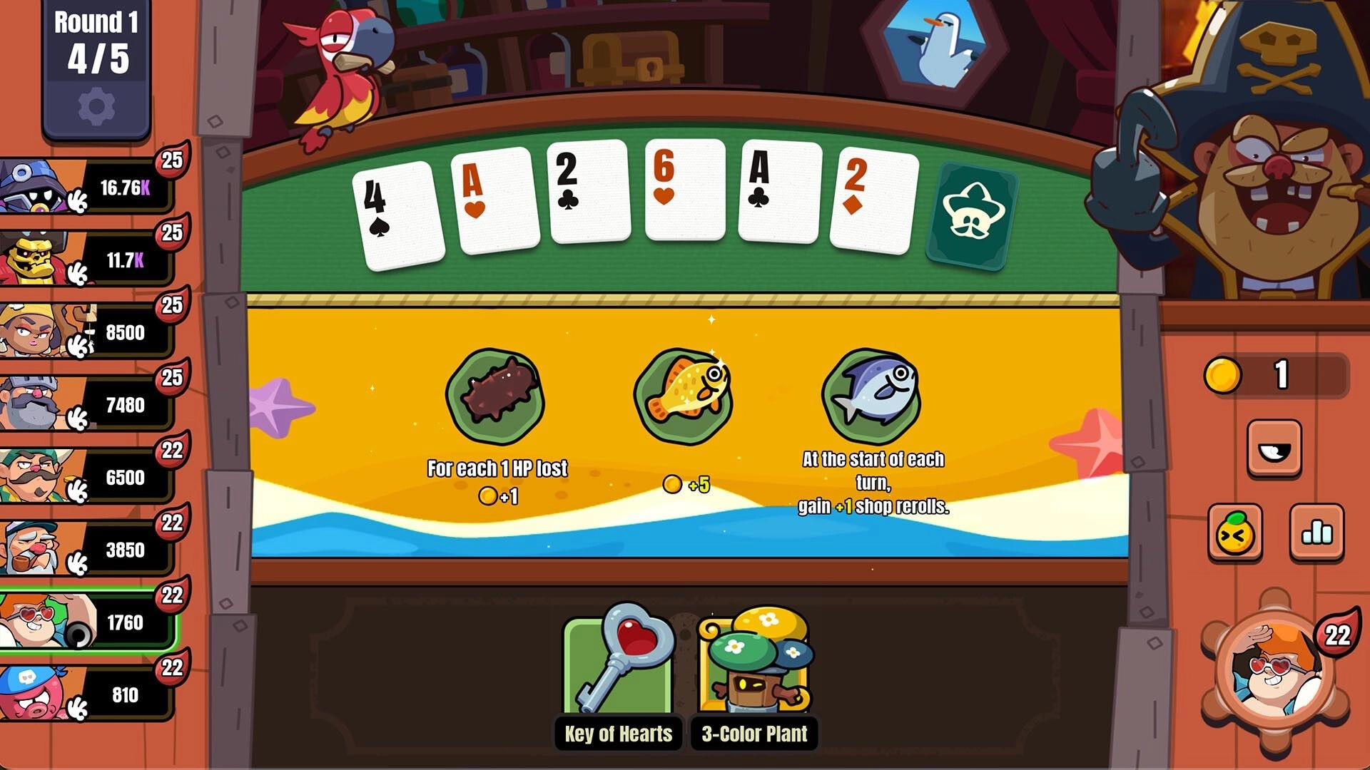 Piroker: Poker hand 4-A-2-6-A-2 with relic shop icons and pirate rivals list on left UI.