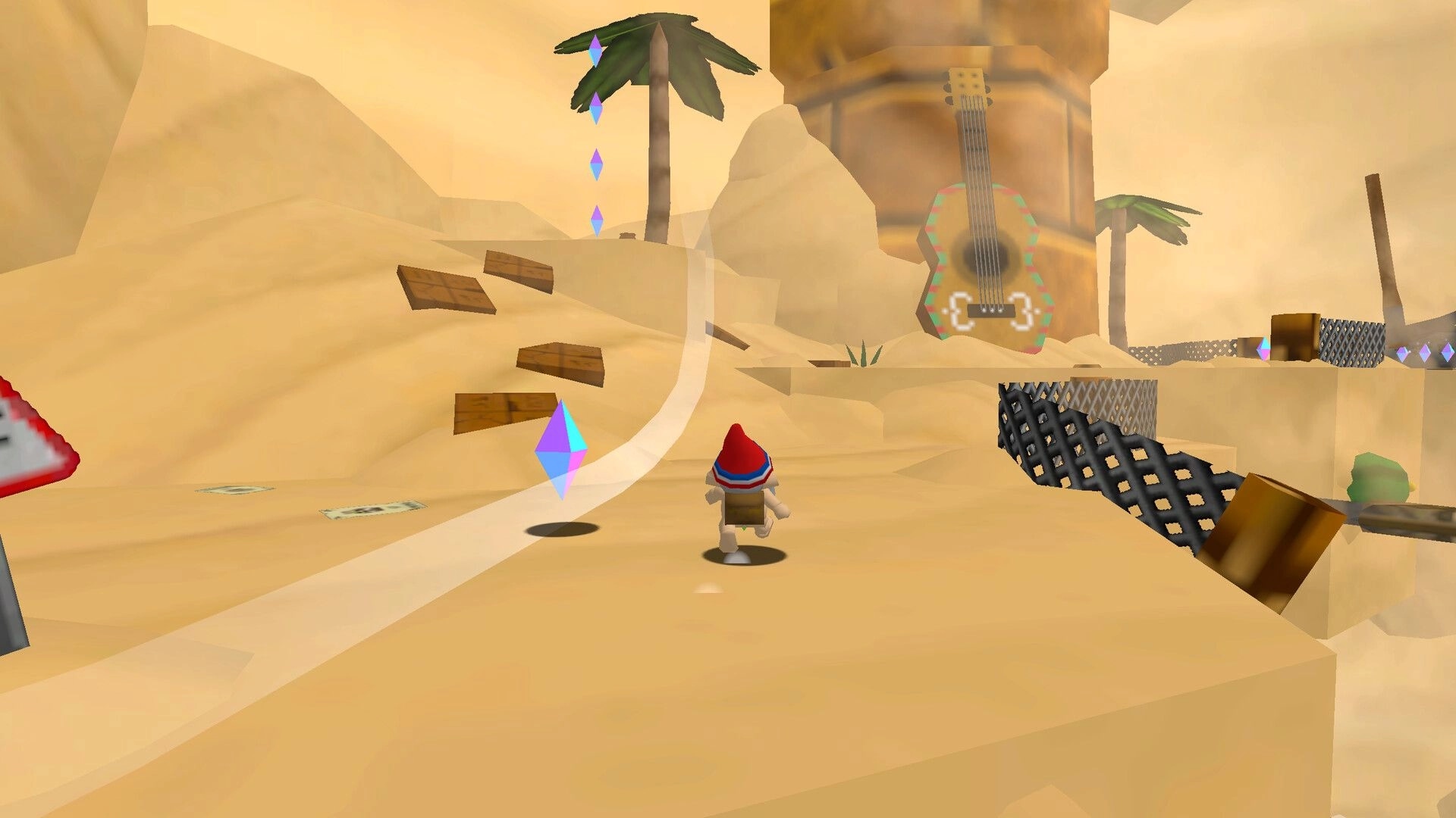 Pitfalls 64: Gnome runs toward floating crystals on sandy ramps with palms, fences, and a giant guitar.