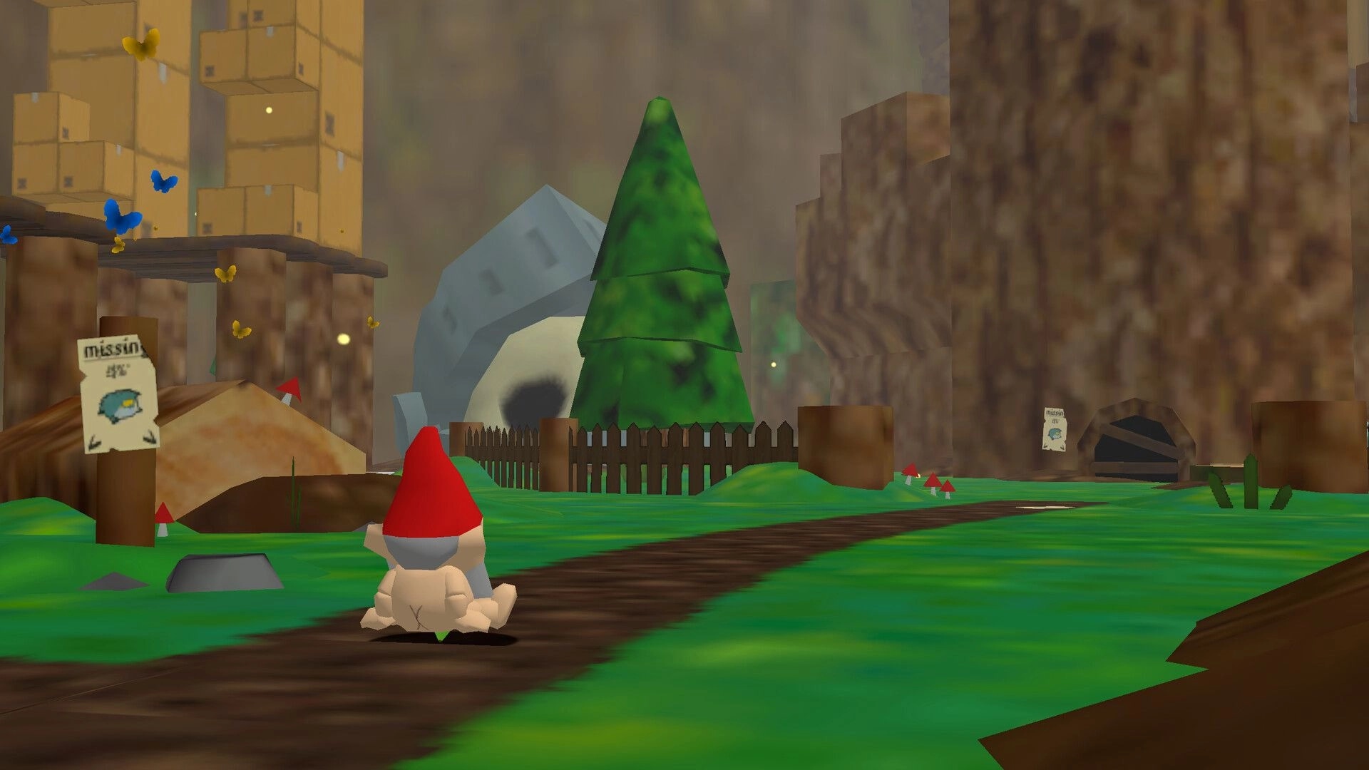 Pitfalls 64: Gnome stands on a dirt path near missing posters, mushrooms, and a fenced pine tree area.