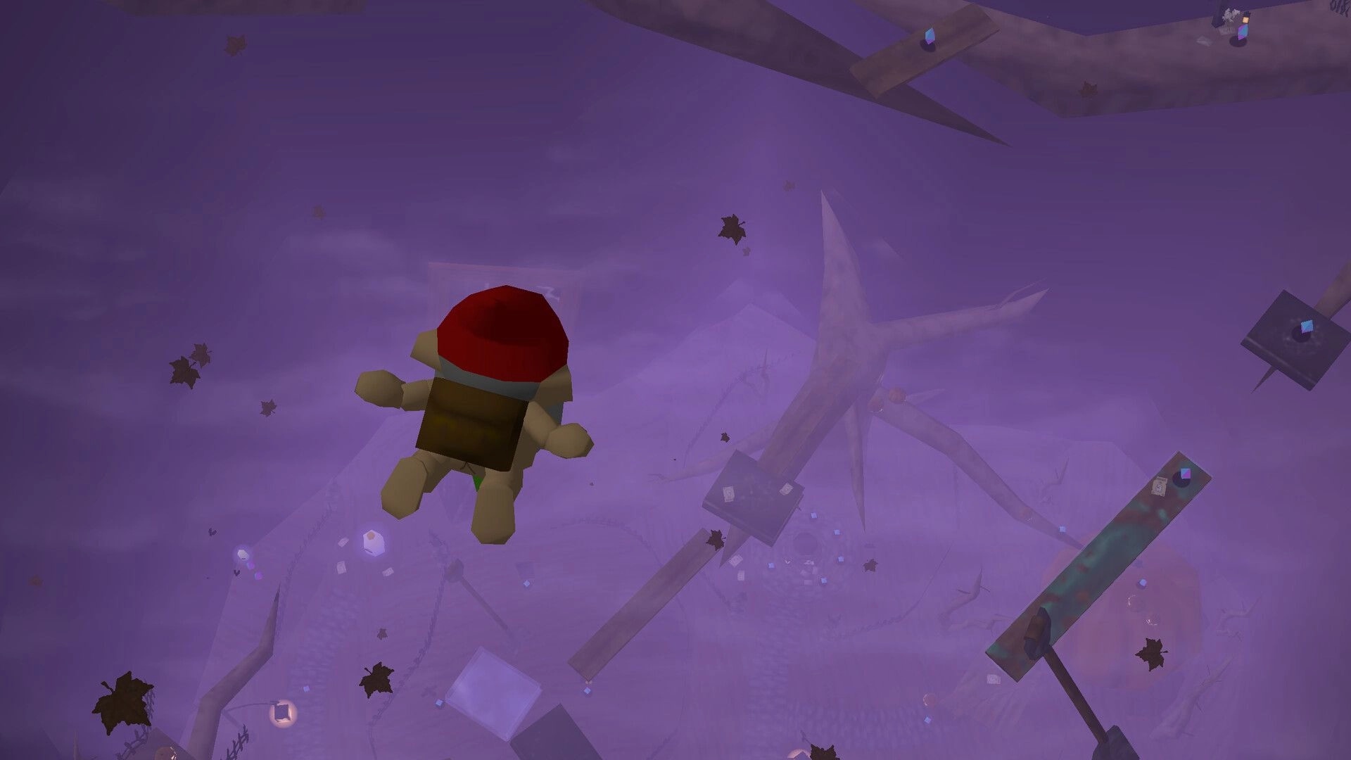 Pitfalls 64: Gnome tumbles through purple fog above floating planks and spike-like branches below.