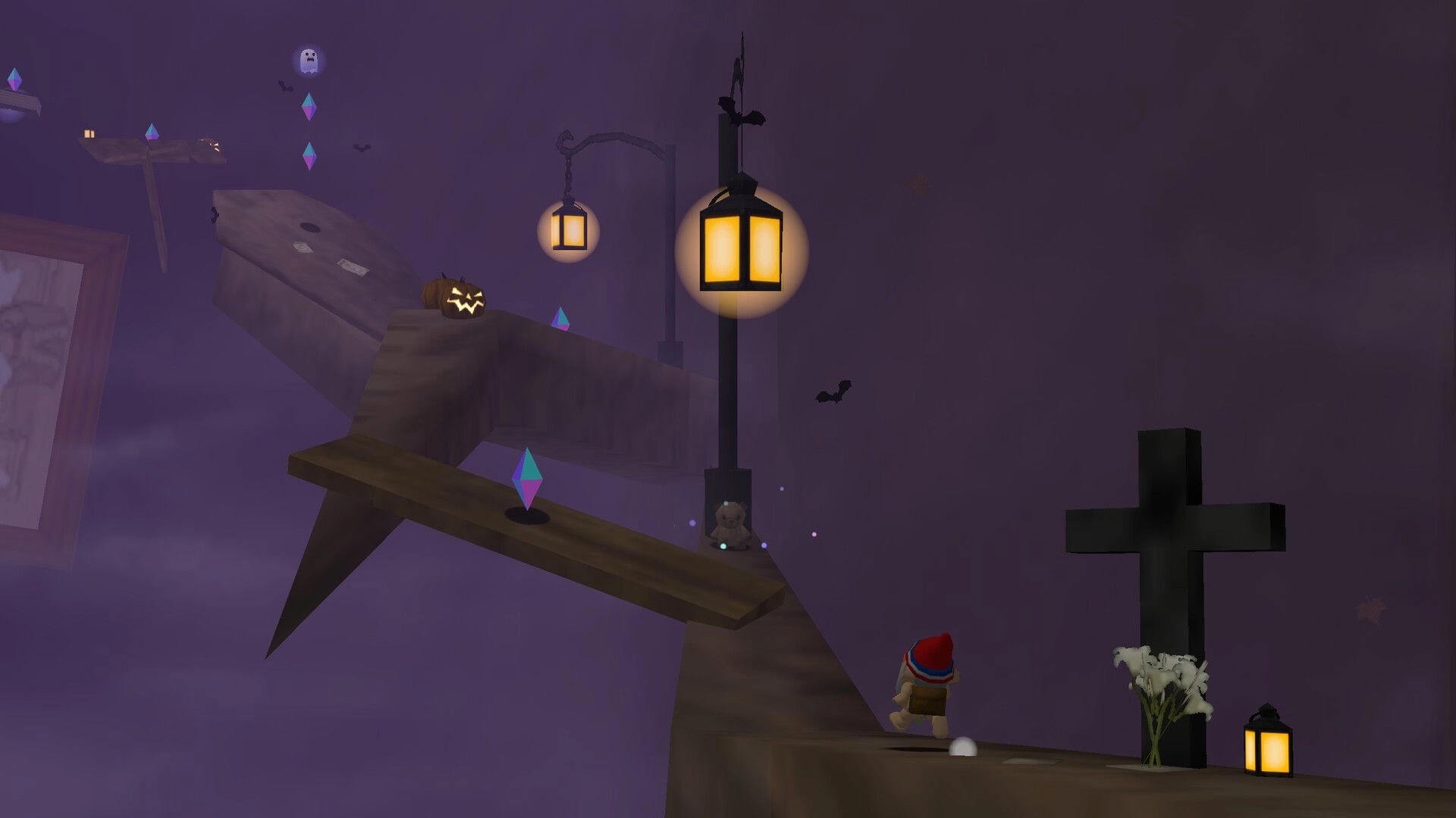 Pitfalls 64: Gnome climbs narrow wooden platforms past lanterns and gems in a foggy graveyard level.