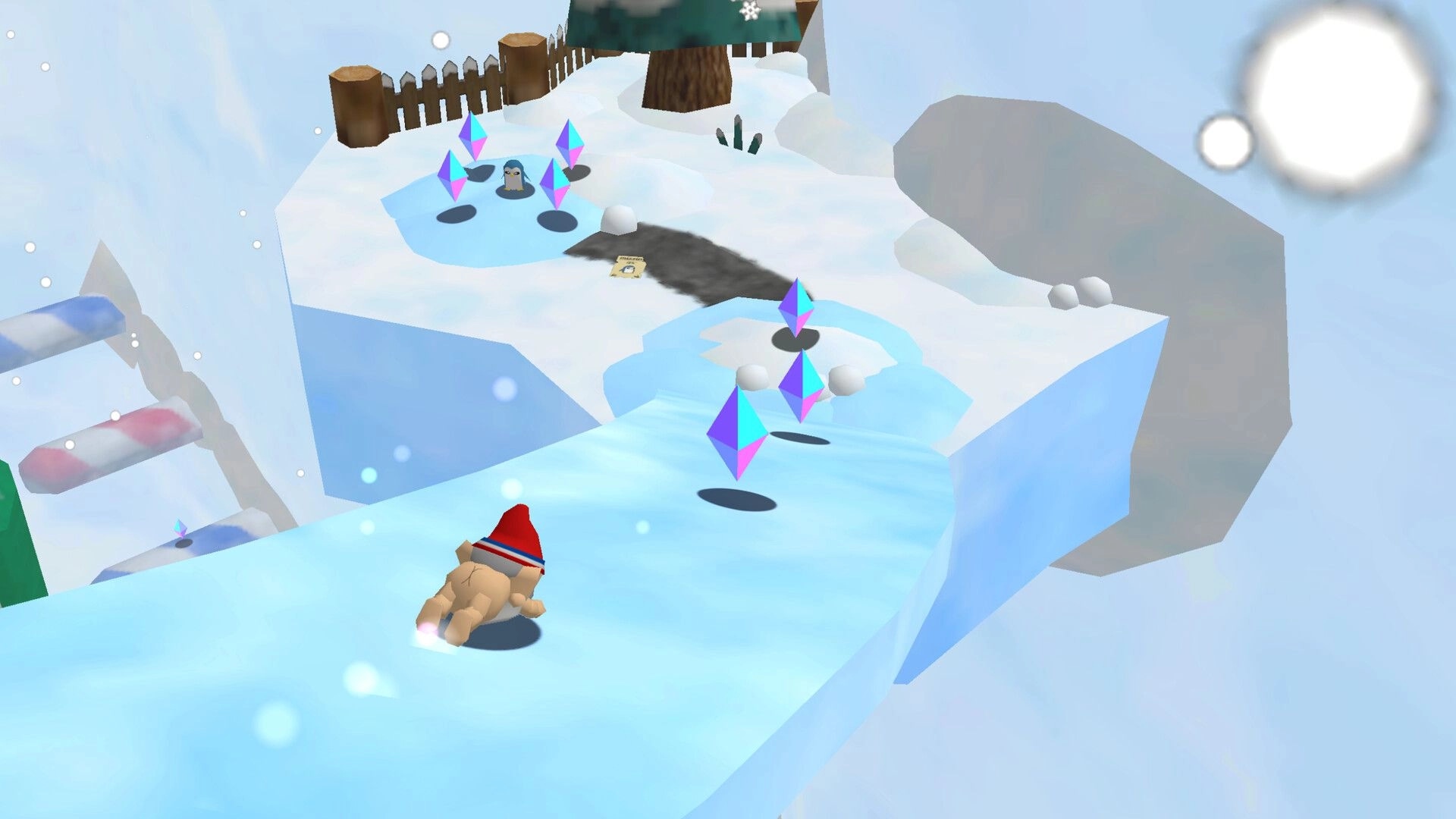 Pitfalls 64: Gnome slides up an icy slope toward purple crystals on a snowy cliff with penguin pond.