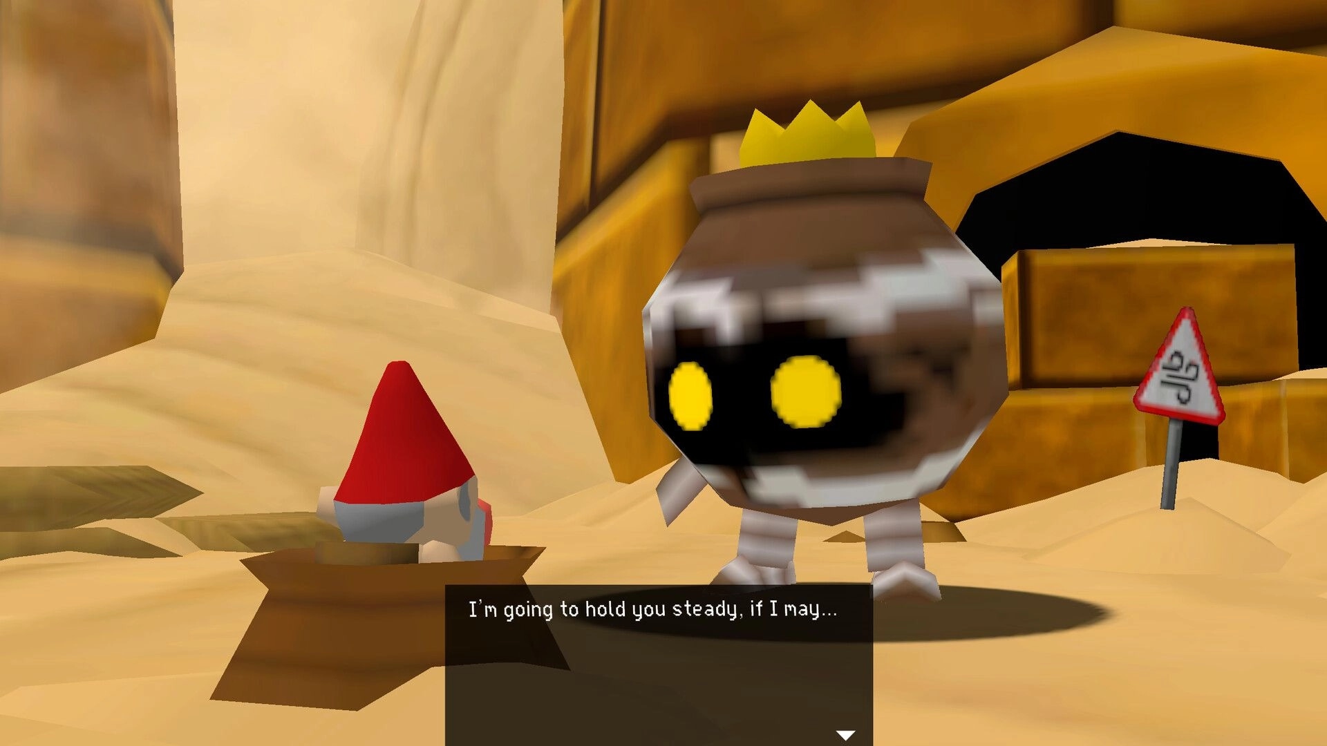 Pitfalls 64: Gnome talks to a mummy-like NPC with dialogue box in a sandy canyon area.