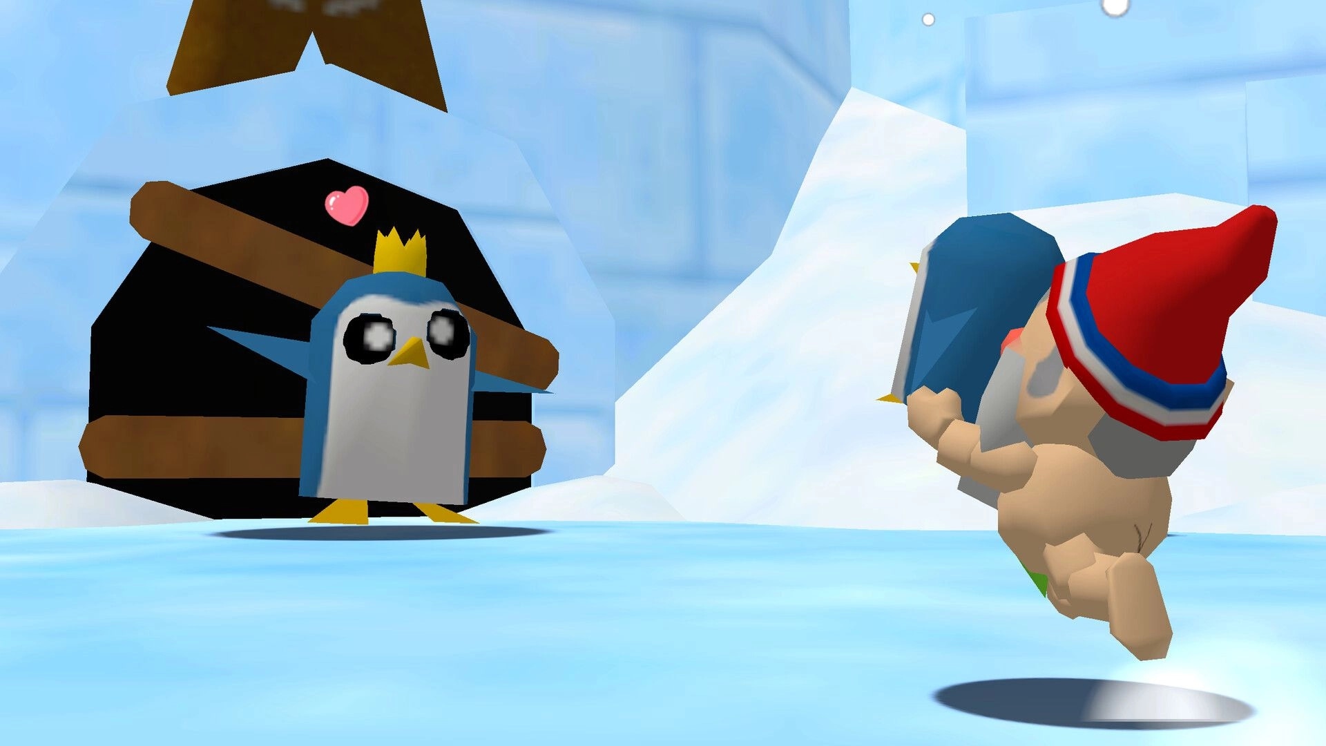 Pitfalls 64: Gnome runs toward a crowned penguin by a boarded cave entrance in an icy cavern.