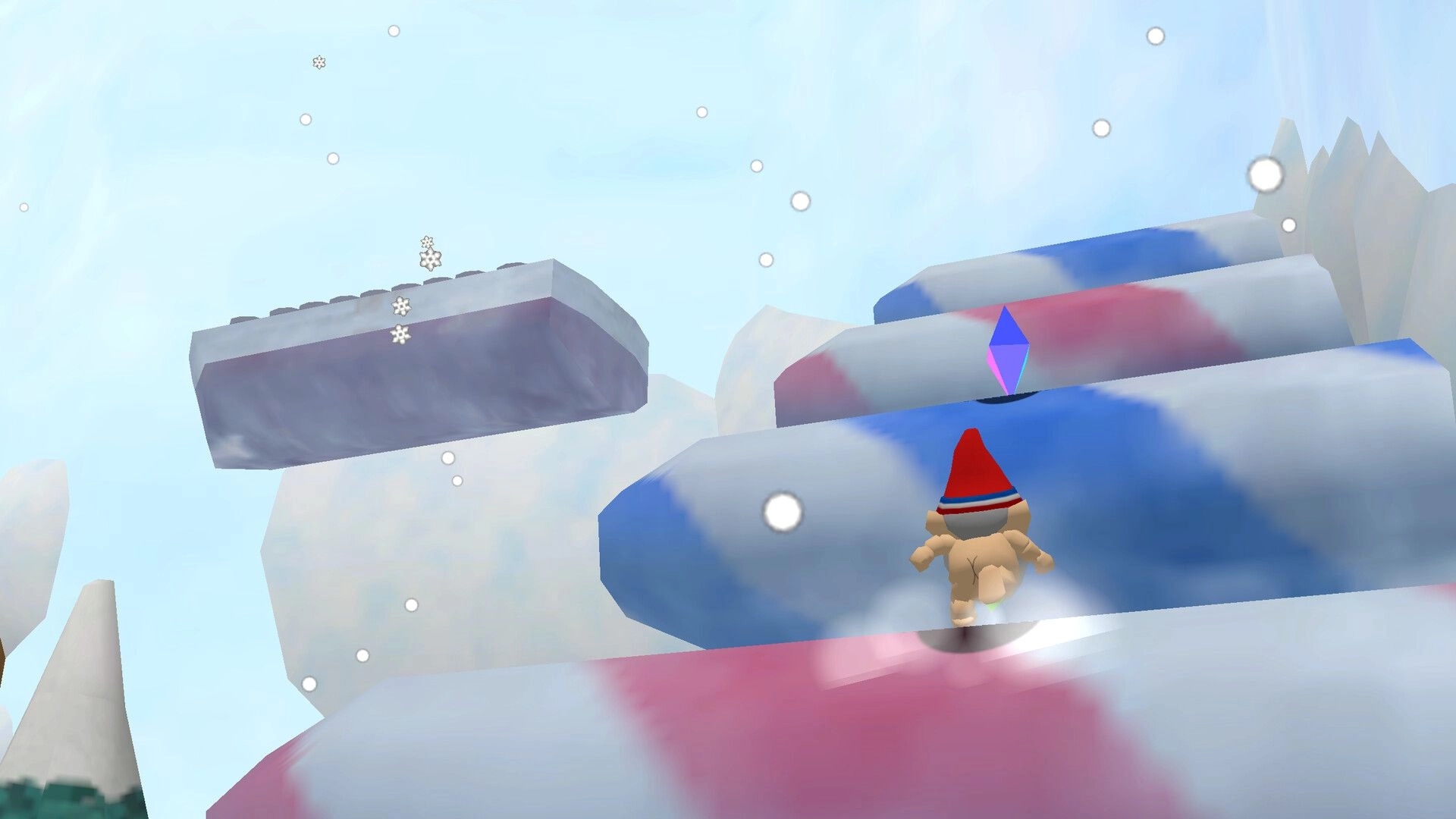 Pitfalls 64: Gnome runs up icy blue-and-red slopes toward a floating platform in falling snow.