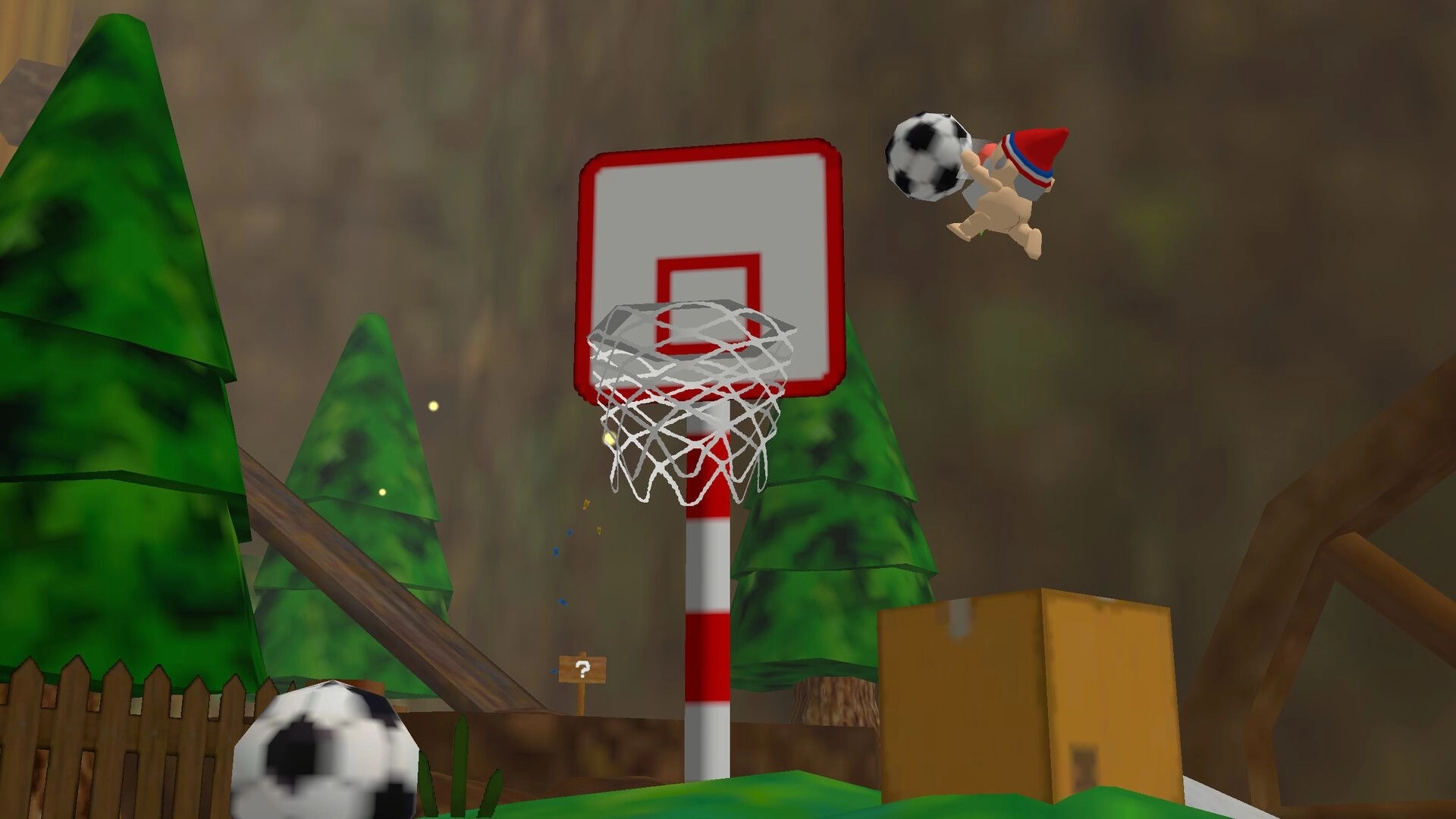 Pitfalls 64: Gnome leaps with a soccer ball beside a tall basketball hoop in a forest clearing.