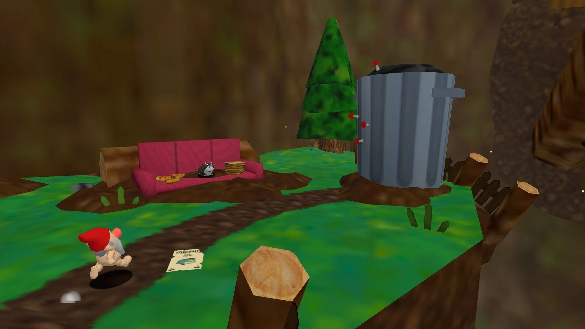 Pitfalls 64: Gnome stands by a hole near a note, facing a couch and trash can in a swampy yard.