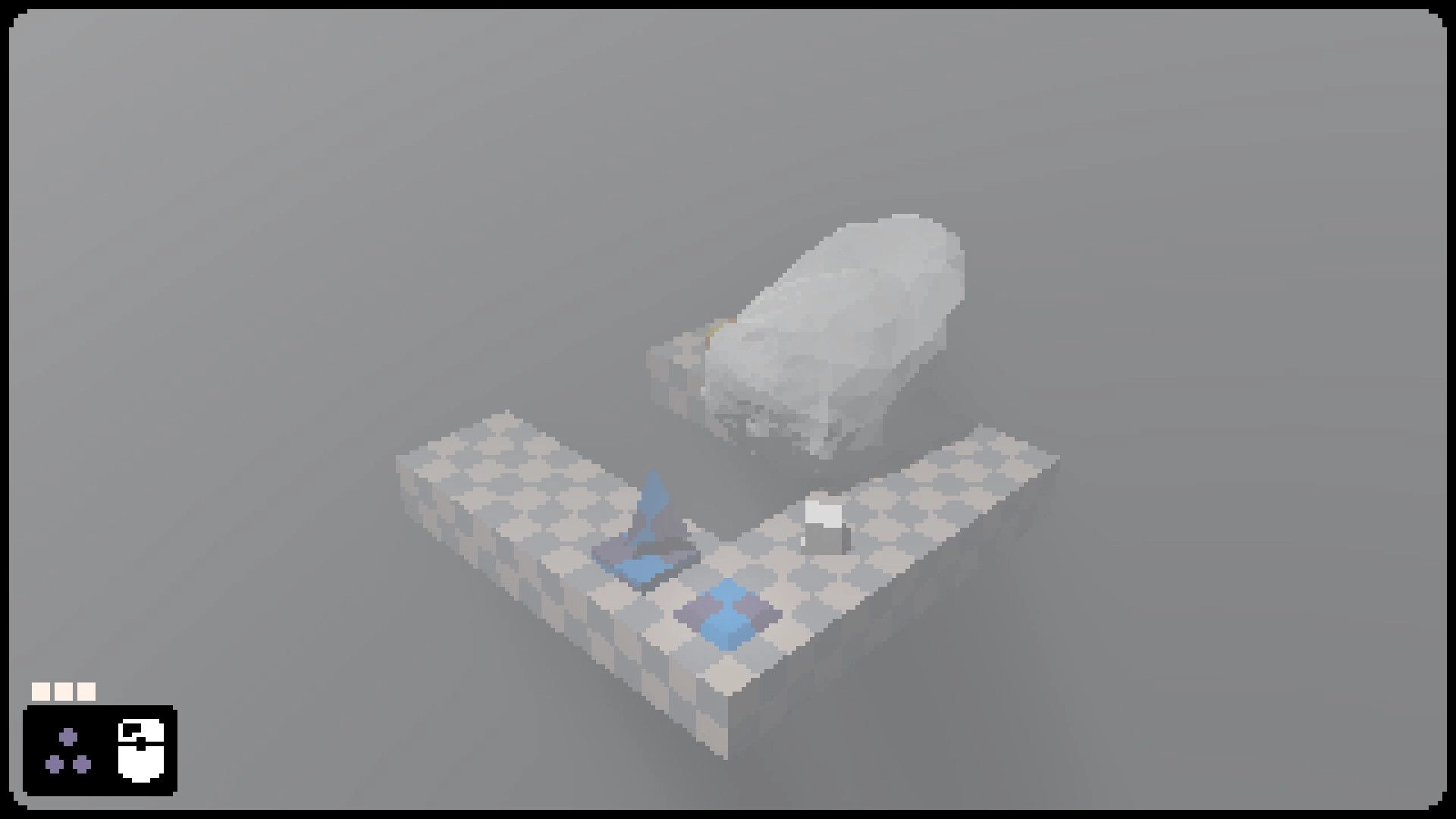 PITH: Blue character explores a foggy floating cube platform with HUD icons in the lower left corner.