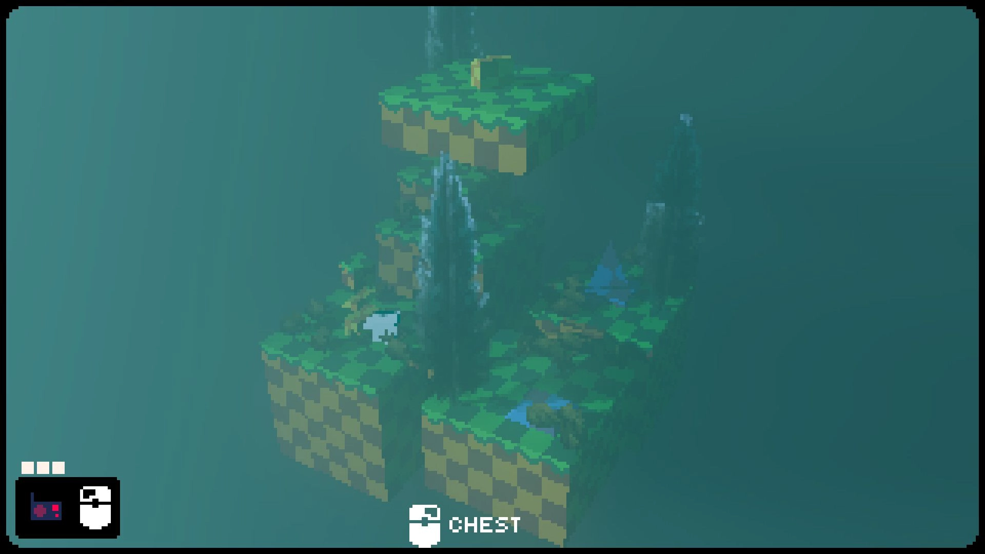 PITH: Player explores foggy floating cube islands with waterfall, chest prompt and HUD icons visible.