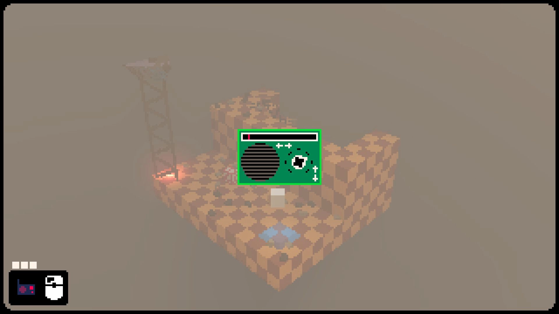 PITH: Green device UI overlay on a foggy cube platform with a torch and scaffold in view.