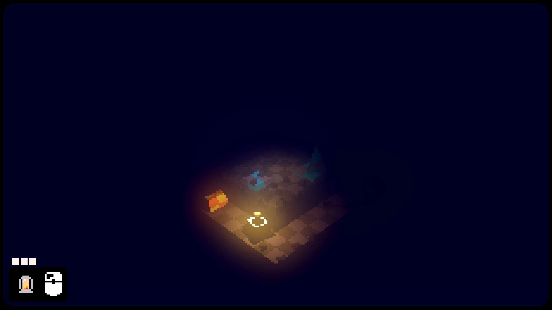 PITH: Small character holds a lantern on stone path amid heavy fog, with minimal HUD icons visible.