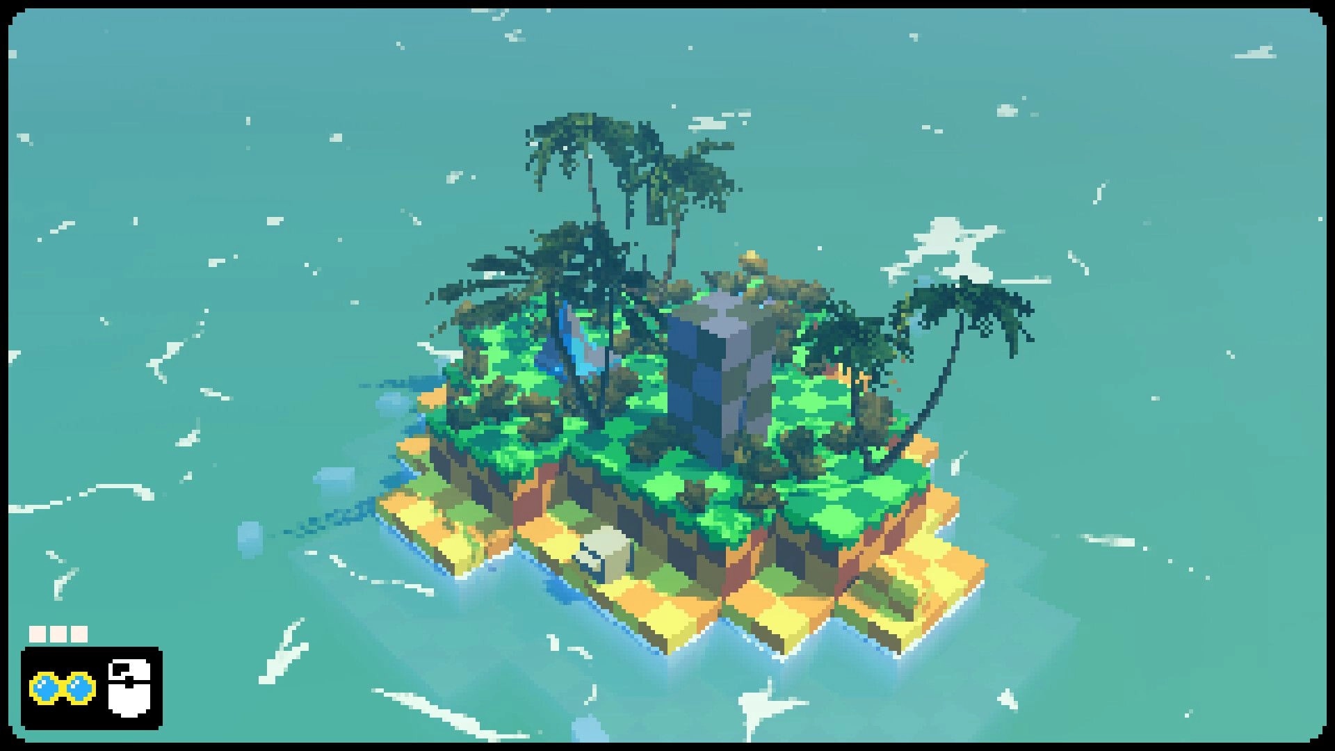 PITH: Tiny cube island with palm trees and a stone block, minimal HUD over teal ocean fog.