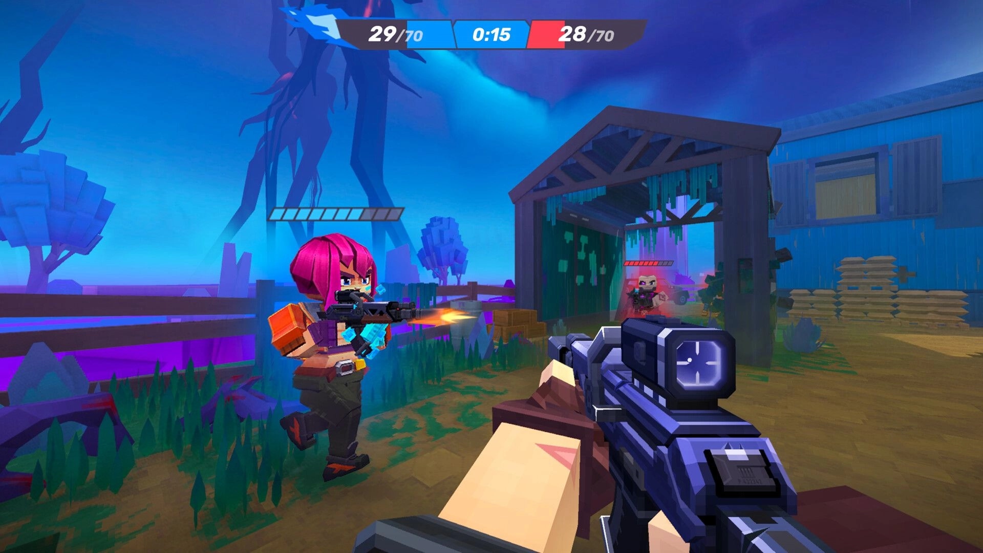 Pixel Gun 2: First-person firefight with teammate shooting near shed in neon farm arena, score HUD up top.