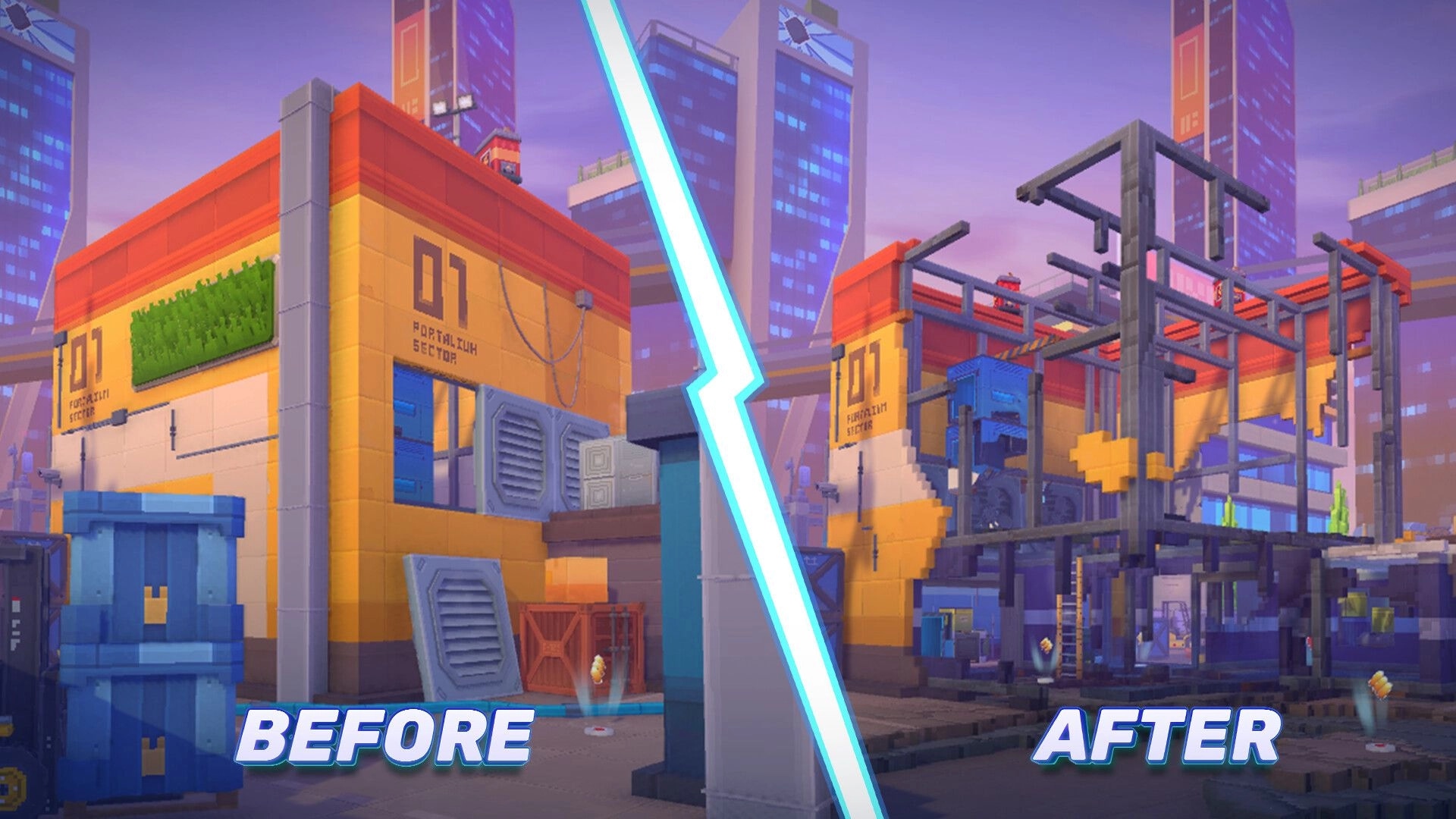 Pixel Gun 2: Split-screen before/after of a blocky rooftop arena with added scaffolding in city skyline.