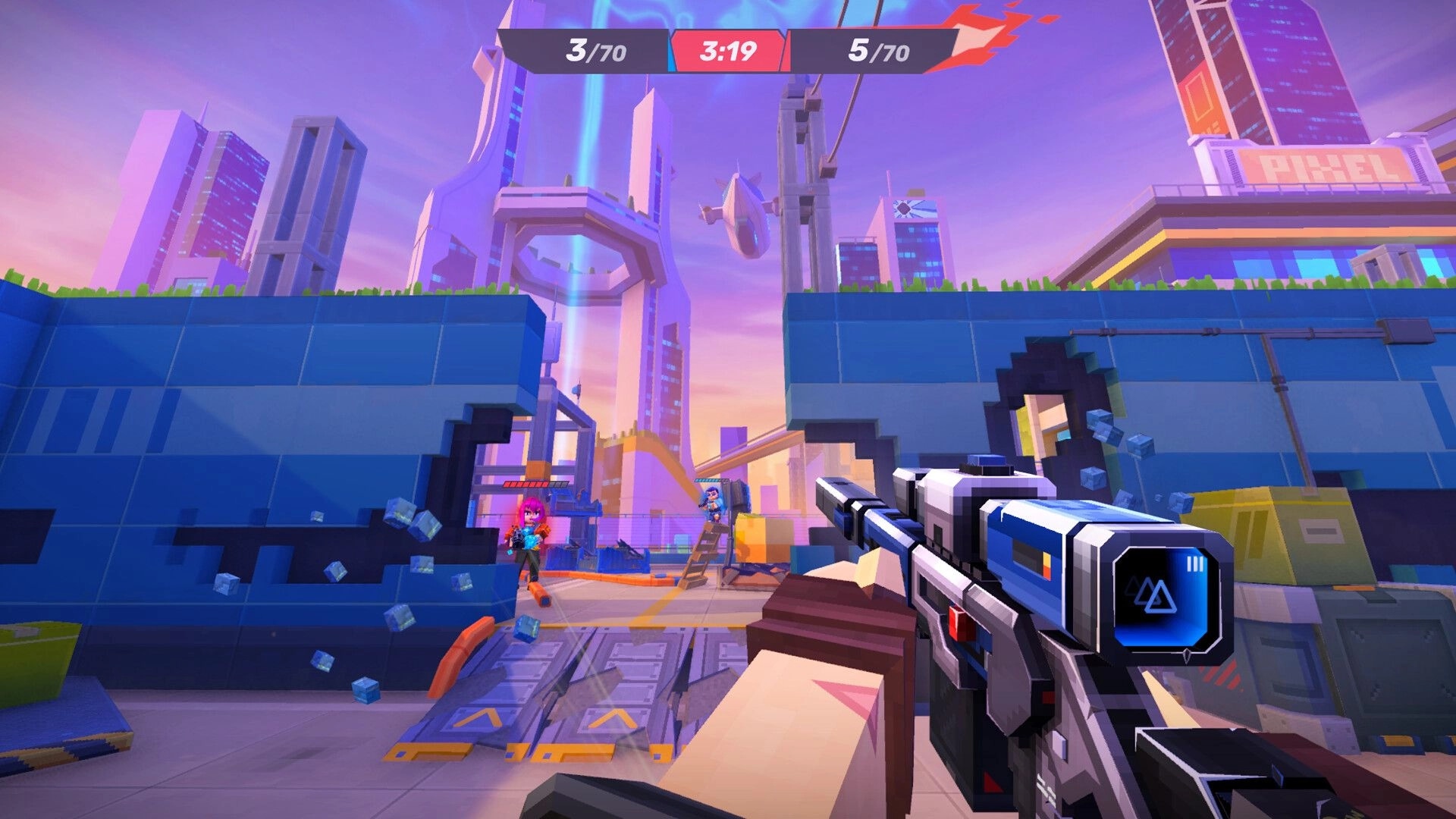 Pixel Gun 2: First-person rifle aiming at enemies amid crumbling blue walls in neon city arena HUD.