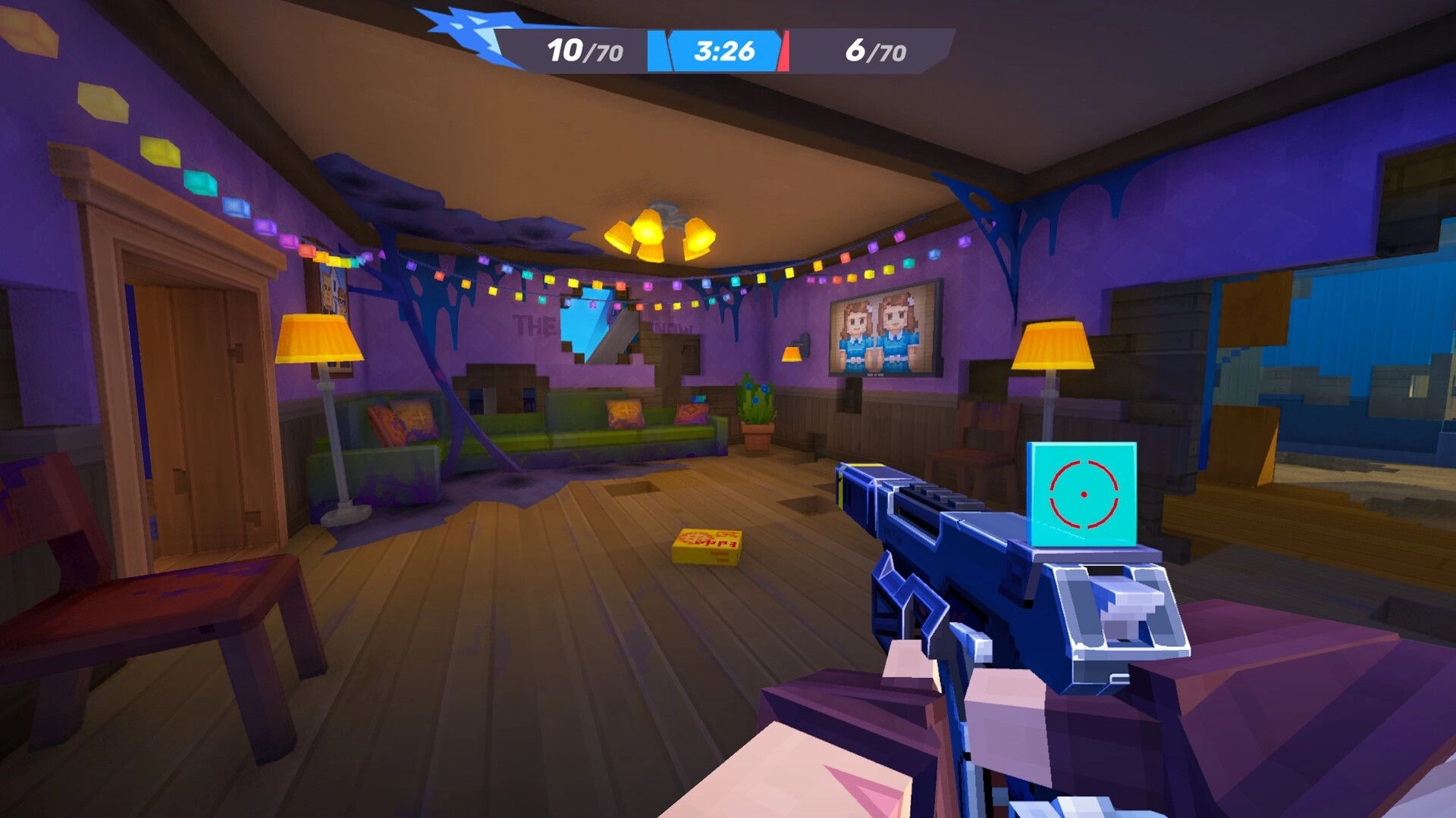 Pixel Gun 2: First-person aiming with rifle HUD in a cozy living room arena with string lights.