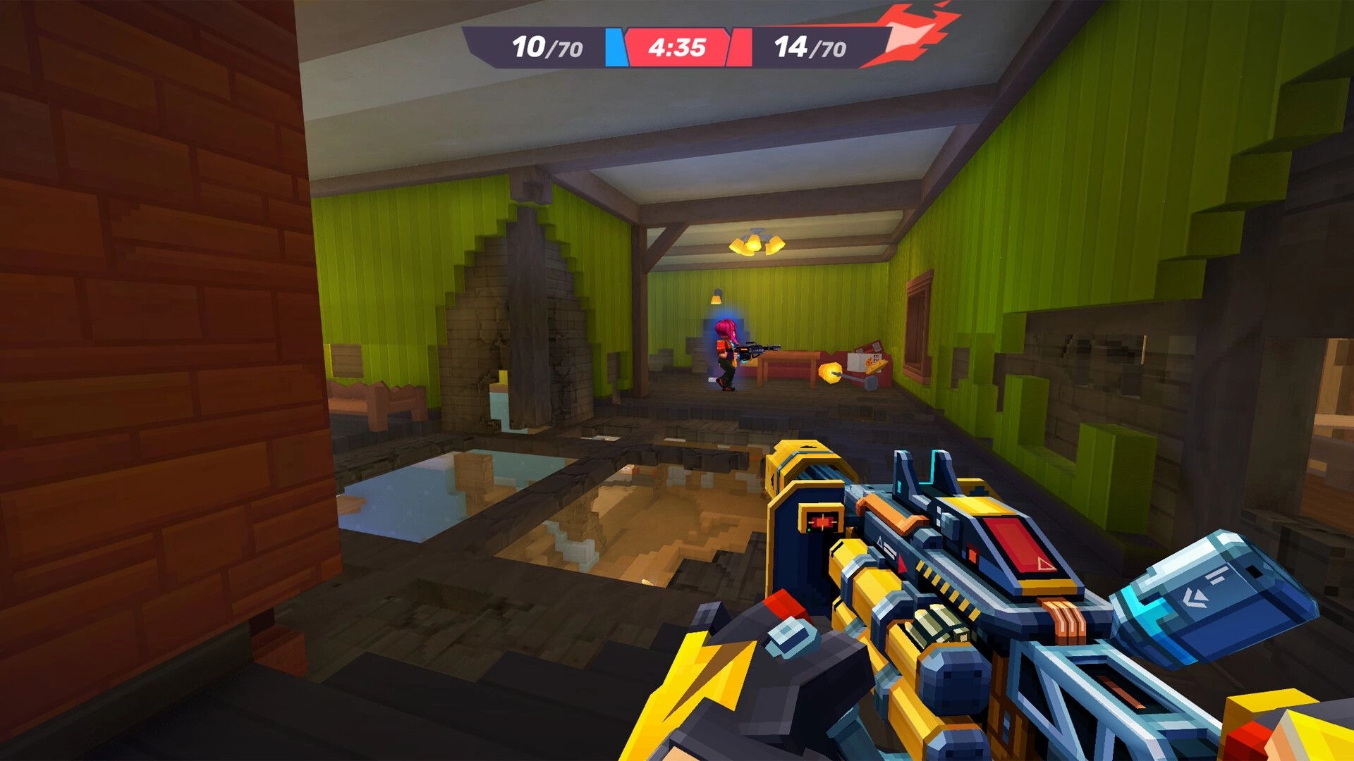 Pixel Gun 2: First-person firefight in a ruined green room, timer and team score bar at top.