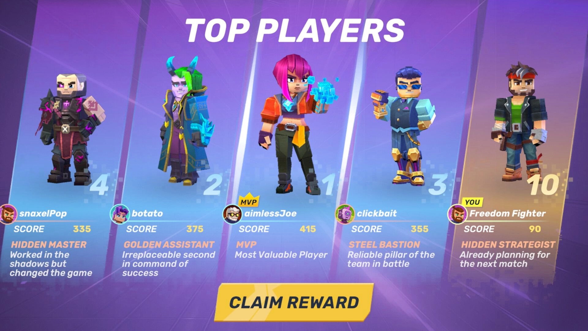 Pixel Gun 2: Top Players results screen with MVP aimlessJoe and scores, Claim Reward button below.