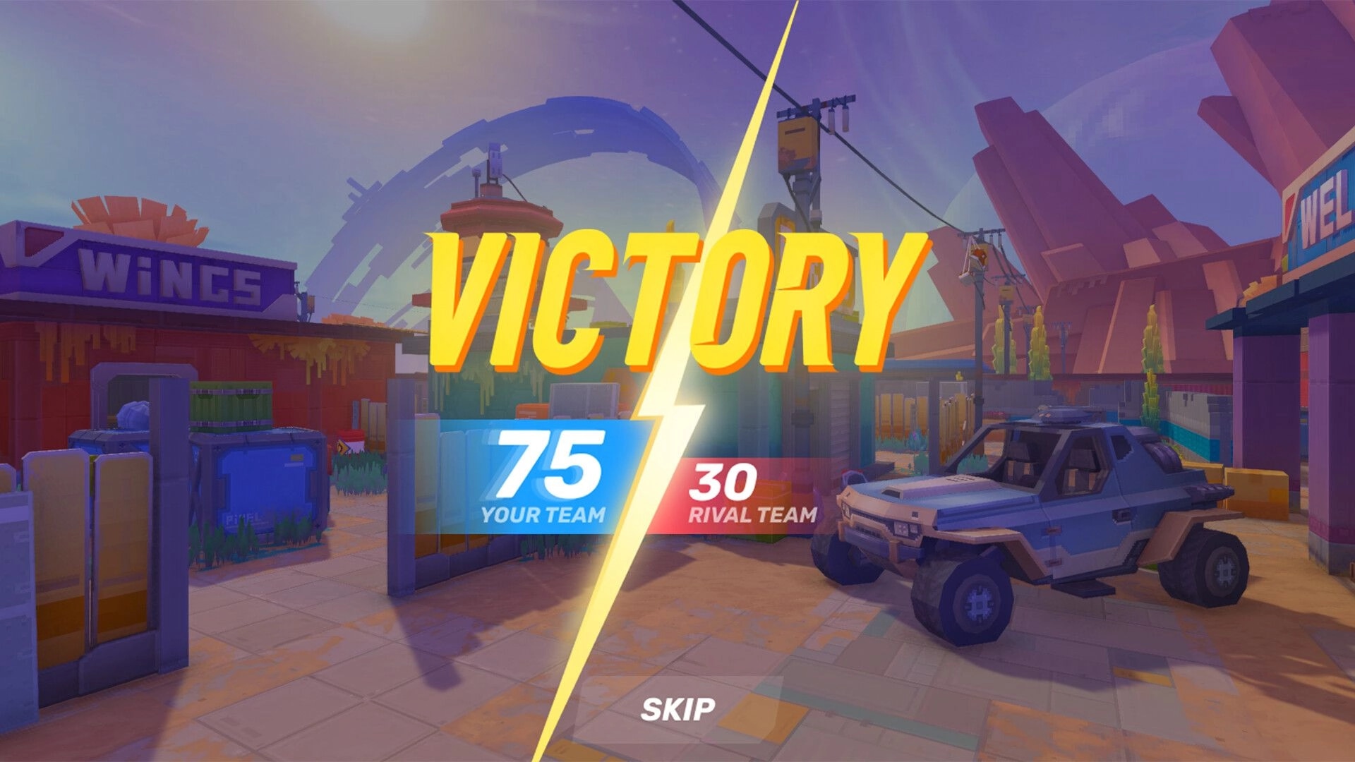 Pixel Gun 2: Victory results screen with 75-30 score overlay on a desert town arena street.