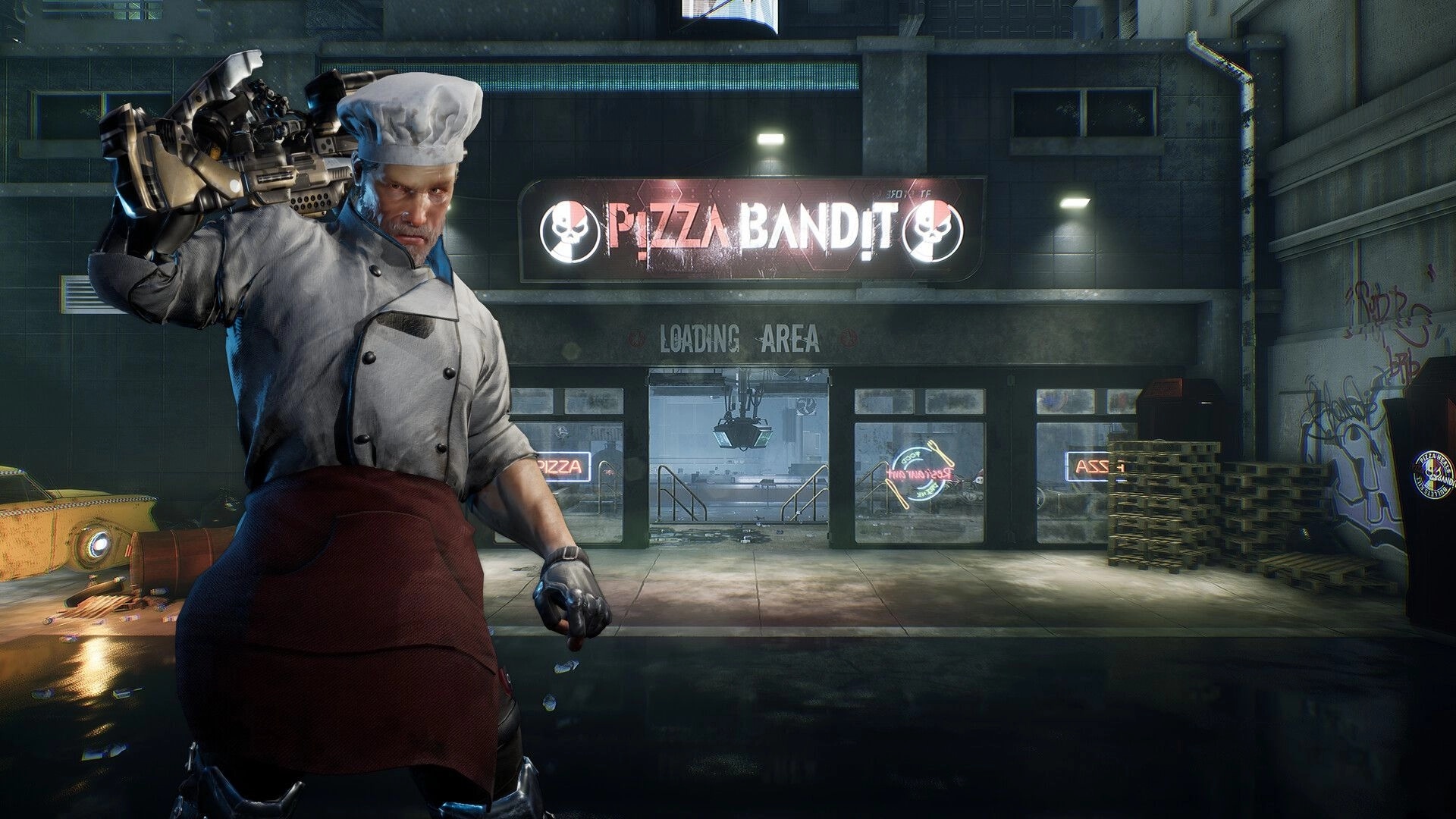 Pizza Bandit: Chef with a mechanical arm stands outside a pizza restaurant in an urban loading area.