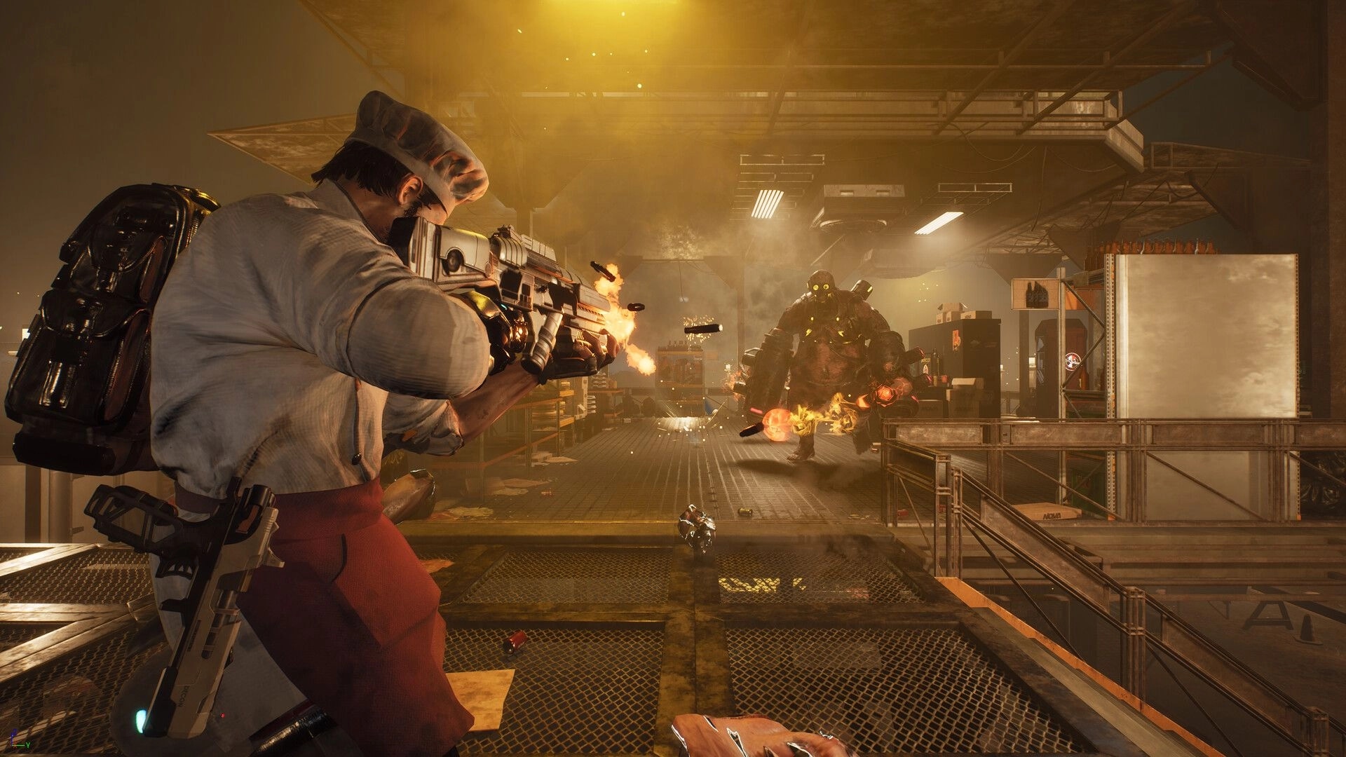 Pizza Bandit: Chef character firing at a large enemy in an industrial kitchen environment