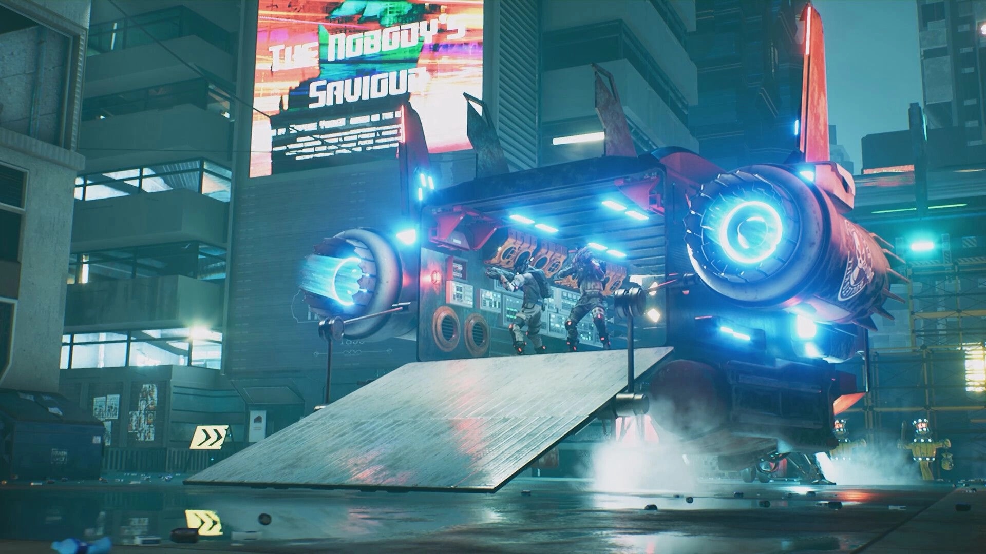 Pizza Bandit: Players boarding a futuristic spaceship in a neon-lit urban environment