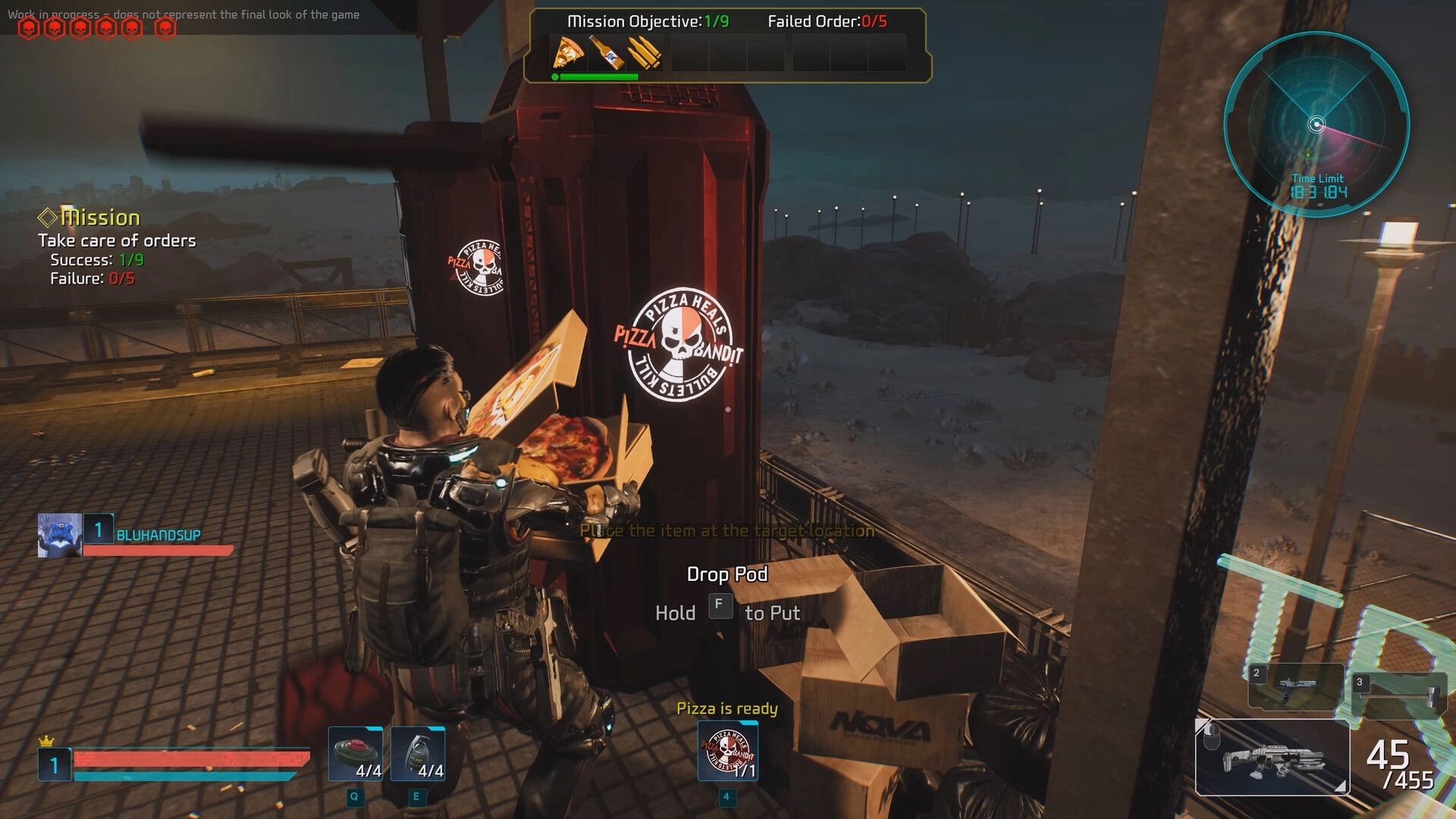 Pizza Bandit: Player delivering a pizza to a drop pod on a rooftop at night with mission UI visible.