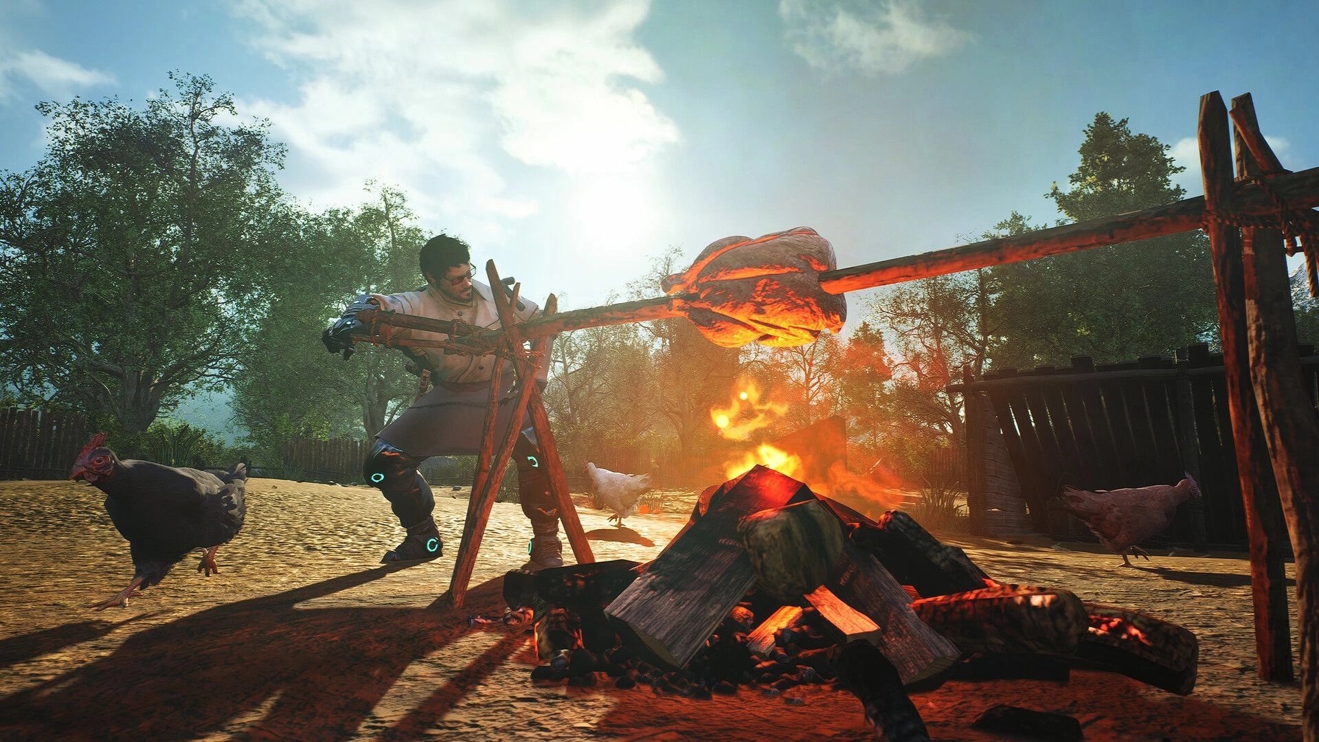 Pizza Bandit: Chef grilling pizza over open fire in rustic outdoor setting with chickens nearby