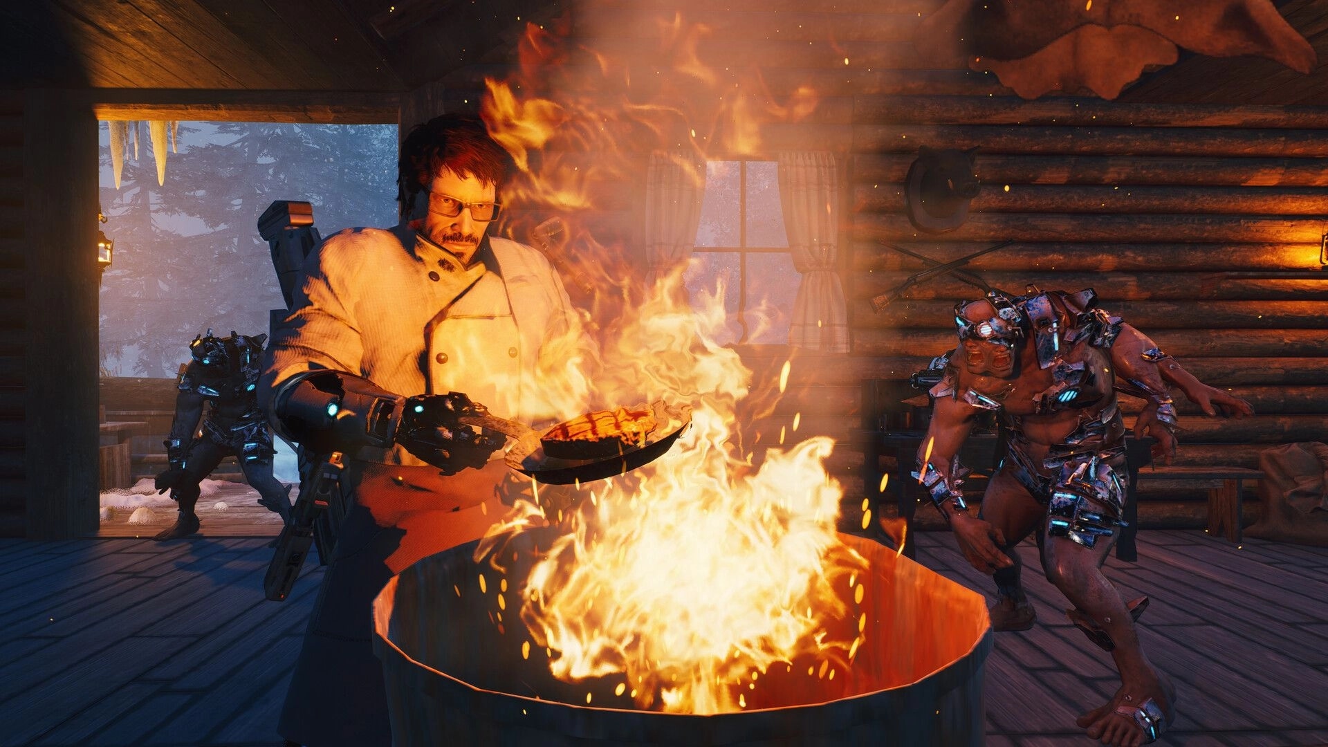 Pizza Bandit: Chef cooking pizza over intense flames while enemies approach in a snowy log cabin setting.