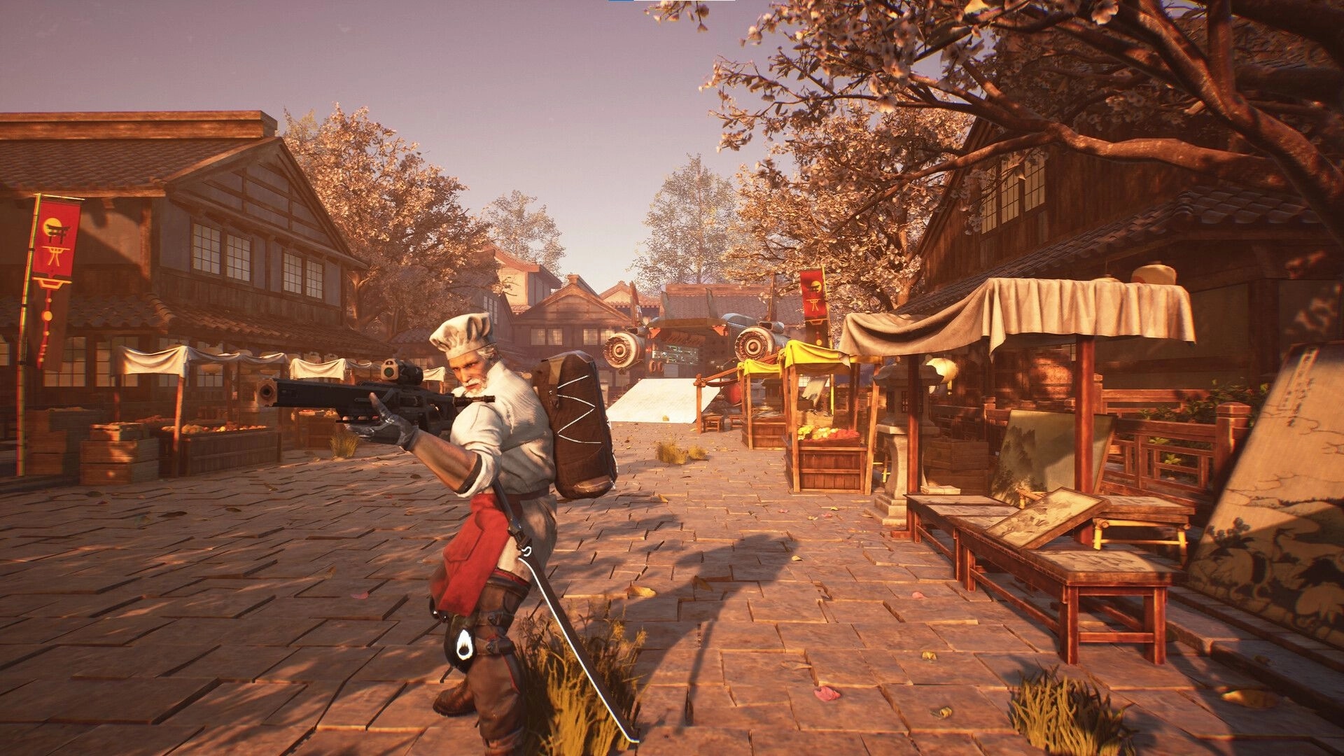Pizza Bandit: Chef with rifle in a bustling village market, ready for action amidst stalls and banners.