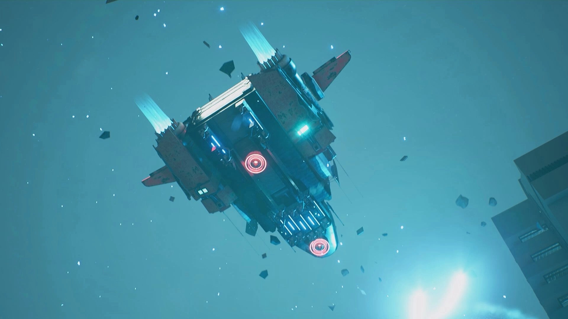 Pizza Bandit: Spaceship flying through debris-filled space with glowing thrusters and scattered stars