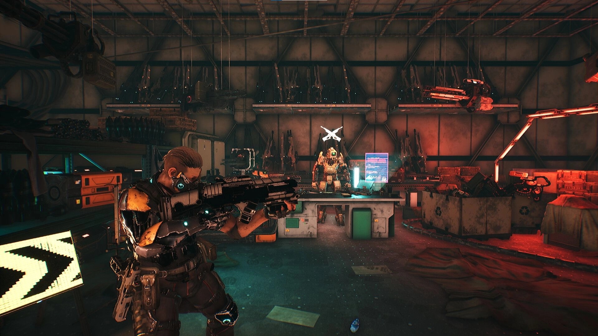 Pizza Bandit: Player aiming rifle in futuristic armory with weapons and glowing screens visible