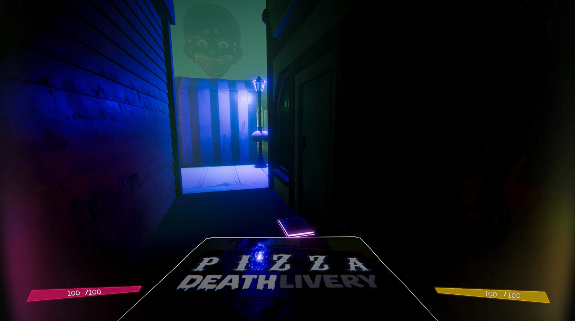 Pizza Deathlivery: First-person view in dark alley with pizza box and health bars, eerie mist overhead