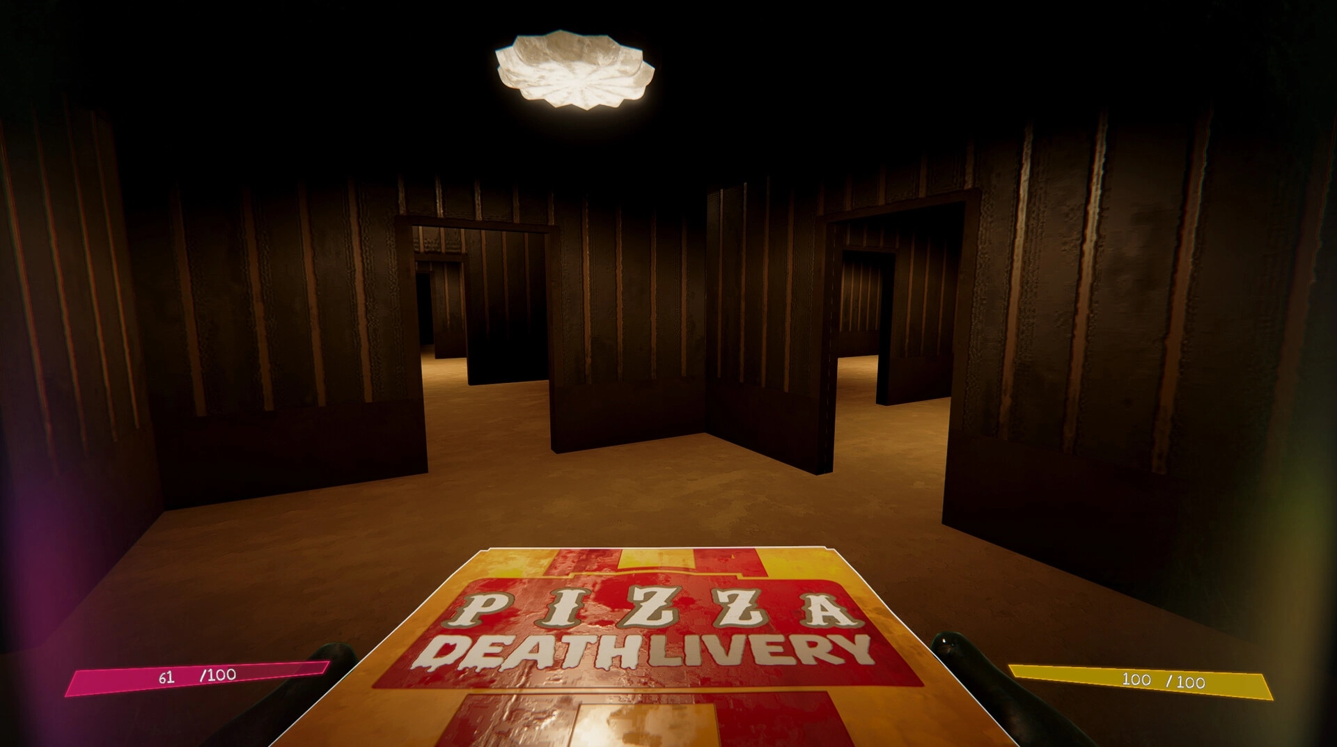 Pizza Deathlivery: First-person view navigating a dimly lit maze with health bars displayed.