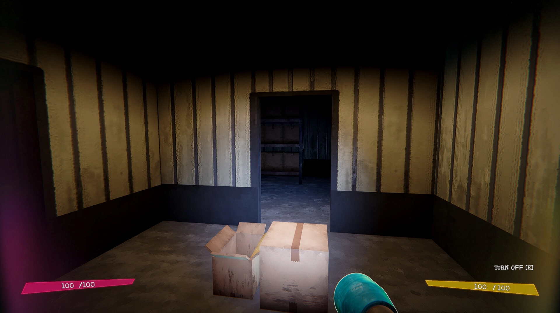 Pizza Deathlivery: First-person view of dim hallway with open boxes and flashlight in abandoned building