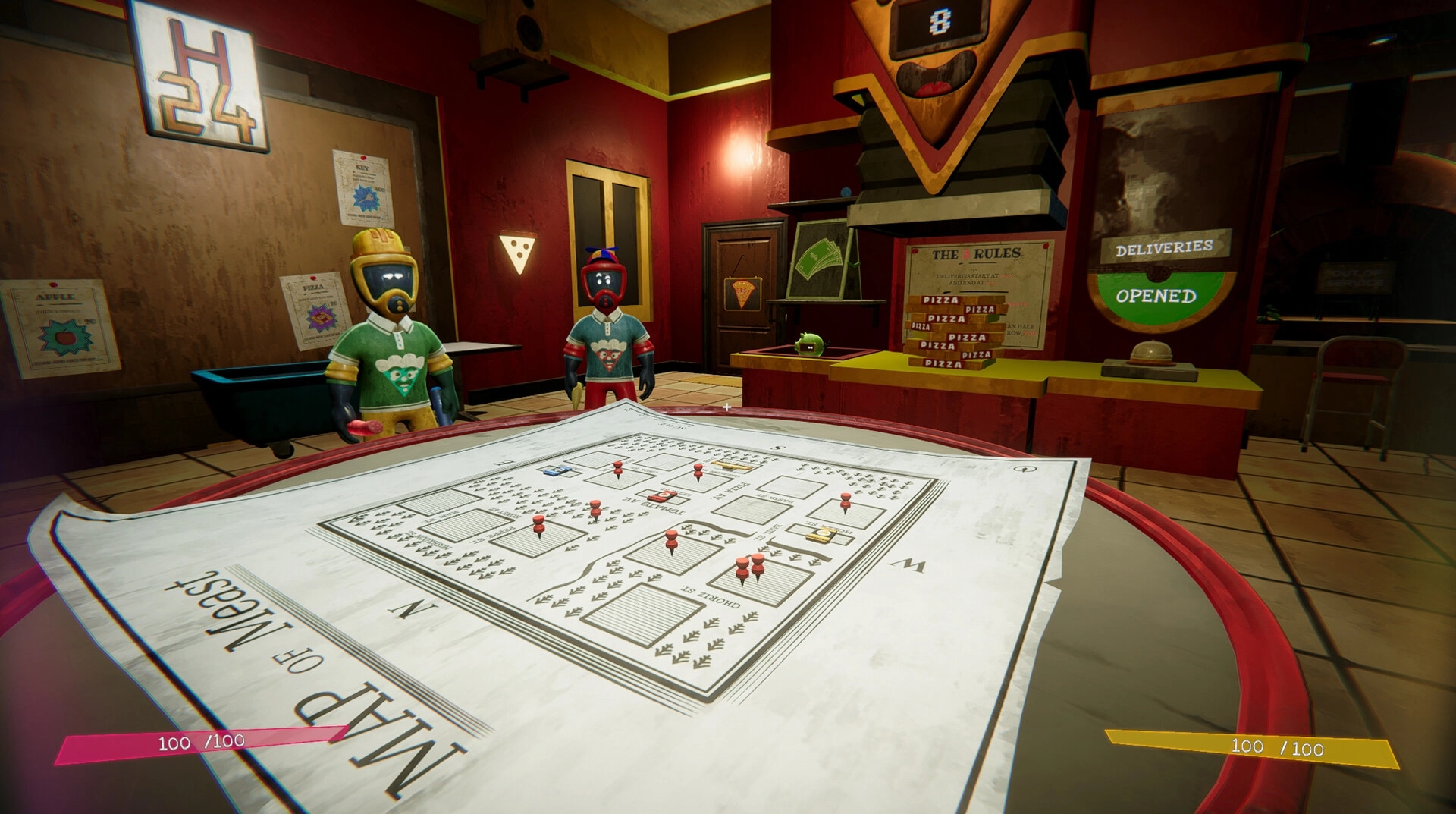 Pizza Deathlivery: Two delivery characters strategize over a map in a red-lit pizzeria control room.